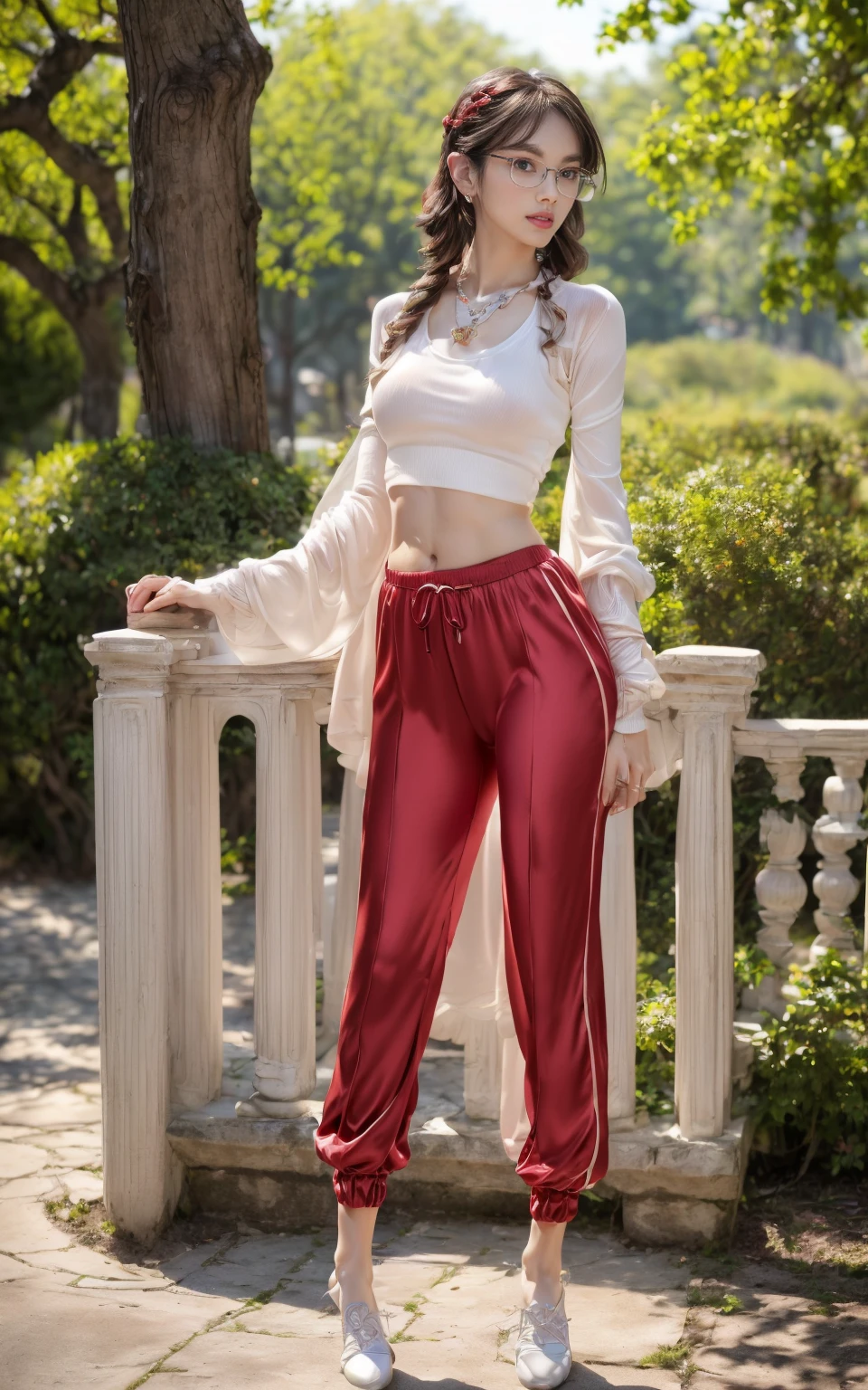 (8K, Masterpiece, RAW photo, Best quality, detail:1.3), (ultra realistic Natural background, scenary:1.5), Depth of field, Cinematic light, (ultra realistic face), (1 picture of 1 solo girl Airim Jones:1.6), 1girl, (Beautiful and elegant Russian girl), (skinny girl with glasses), (European face:1.3), (perfect complete full body:1.6), (full body shot including shoes:1.6), (perfect [frontal view|side profile|back profile]:1.5), (small necklace, collarbone:1.1), ( [bangs|pigtails|bob|pixie] hair:1.5), (ultra detailed skin:1.4), (sexy red minitop:1.5), (soft fabric miniTop:1.5), (tight Knit Joggers:1.6), (perfect standing pose:1.5), (perfect long legs:1.35), (low rise pants:1.5), (low waisted pants:1.5), (perfect shoes:1.5), (perfect feet:1.5), (perfect oriented feet:1.4)