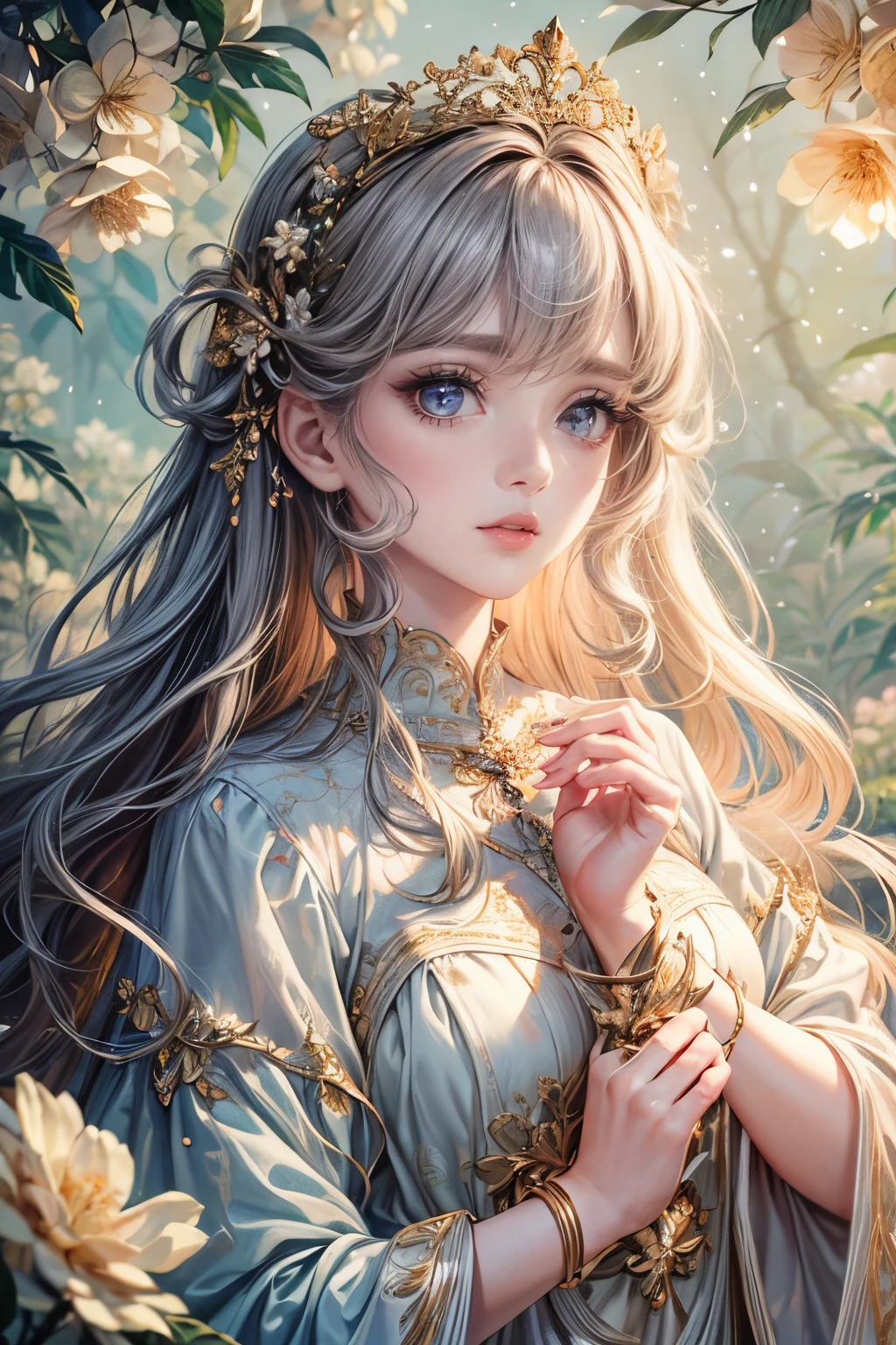 (best quality,8K,CG),detailed upper body,lonely girl,floral forest background,complex facial features,elegant long curly hair,almond-shaped big eyes,detailed eye makeup,long eyelashes,twinkling stars,exquisite lip details,soft and harmonious style.