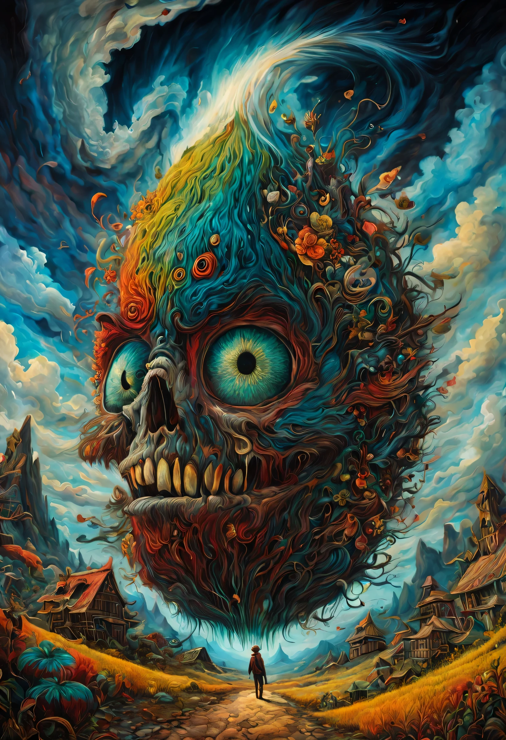 Fantasy illustration, psychedelic art depicting an illusory, disturbed, abstract, ephemeral, elusive and unstable visual narrative, digital painting, mesmerizing and highly detailed, vivid colors, surrealism, psychedelic background, intricate details, 3D rendering, oil painting, delicate, octane rendering. Hayao Miyazaki style., in the style of esao andrews,potma style,esao andrews style
