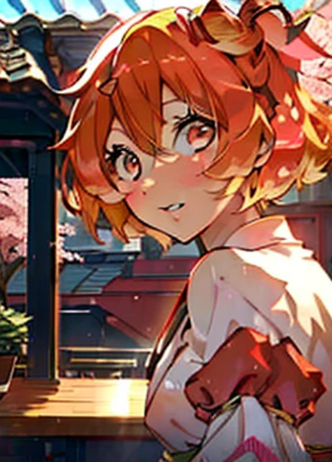 Chisato Nishikigi, Chisato Nishikigi, short hair, bangs, blonde, (red eyes:1.5), hair ribbon, one side up, bob cut,pink floral kimono,pink furisode,white foot bag,Zori sandals,outside the coffee shop,The sun begins to rise between the buildings,first sunrise,(Laughter:1.1)、(open your mouth:1.1)、(wide open eyes:1.2)、glare of sunlight,全身
break looking at viewer, break (masterpiece:1.2), highest quality, High resolution, unity 8k wallpaper, (illustration:0.8), (beautiful and detailed eyes:1.6), highly detailed face, perfect lighting, Very detailed CG, (perfect hands, perfect anatomy),