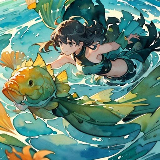 A girl is floating with a big cornflake.、amazing dynamism、amazing angle、Unstable buoyancy sandstorm、(((A lot of friendly carp floats and I chase them.)))、(((surround each other&#39;watercolor seaweed)))