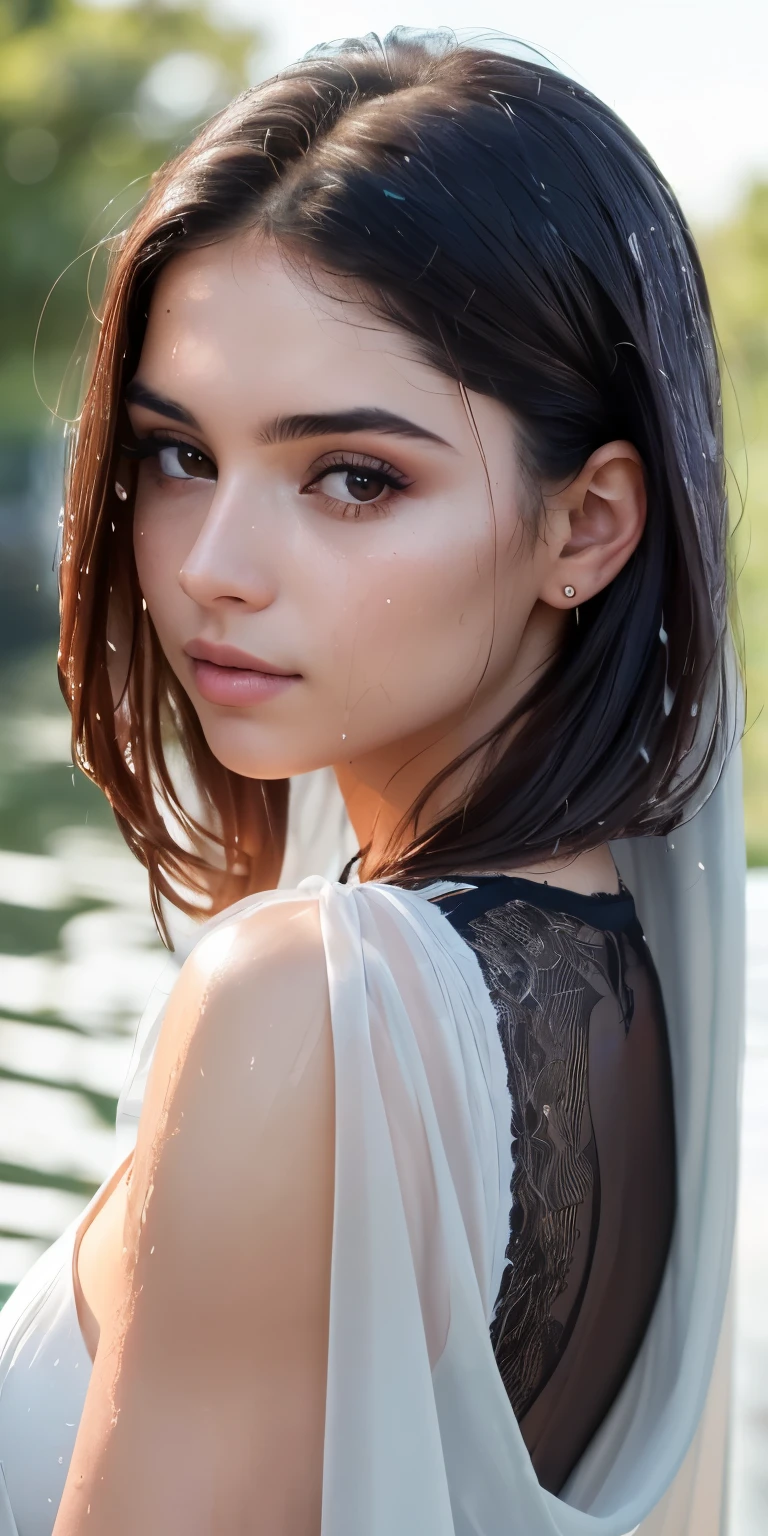 Photo of a 20 year old European girl, crudo, mujer hermosa, (Cabello rubio ondulado extralargo), ((retrato)), ((detallado face:1.2)), ((Detailed facial skin with characteristic features), pale skin, , wrapped in a sheet, Ambiente del dormitorio, Sentado en la cama, (color frio), wet, wet, reflectores, (mesa) (proporciones perfectas)(fotos realistas)(Mejor calidad) (detallado) fotografiado con una Canon EOS R5, Lente de 50 mm, F/2.8, nffsw, (8K) (fondo de pantalla) (cinematographic lighting) (Dramatic lighting) (sharp focus) (Complejo) moda, Desde arriba
