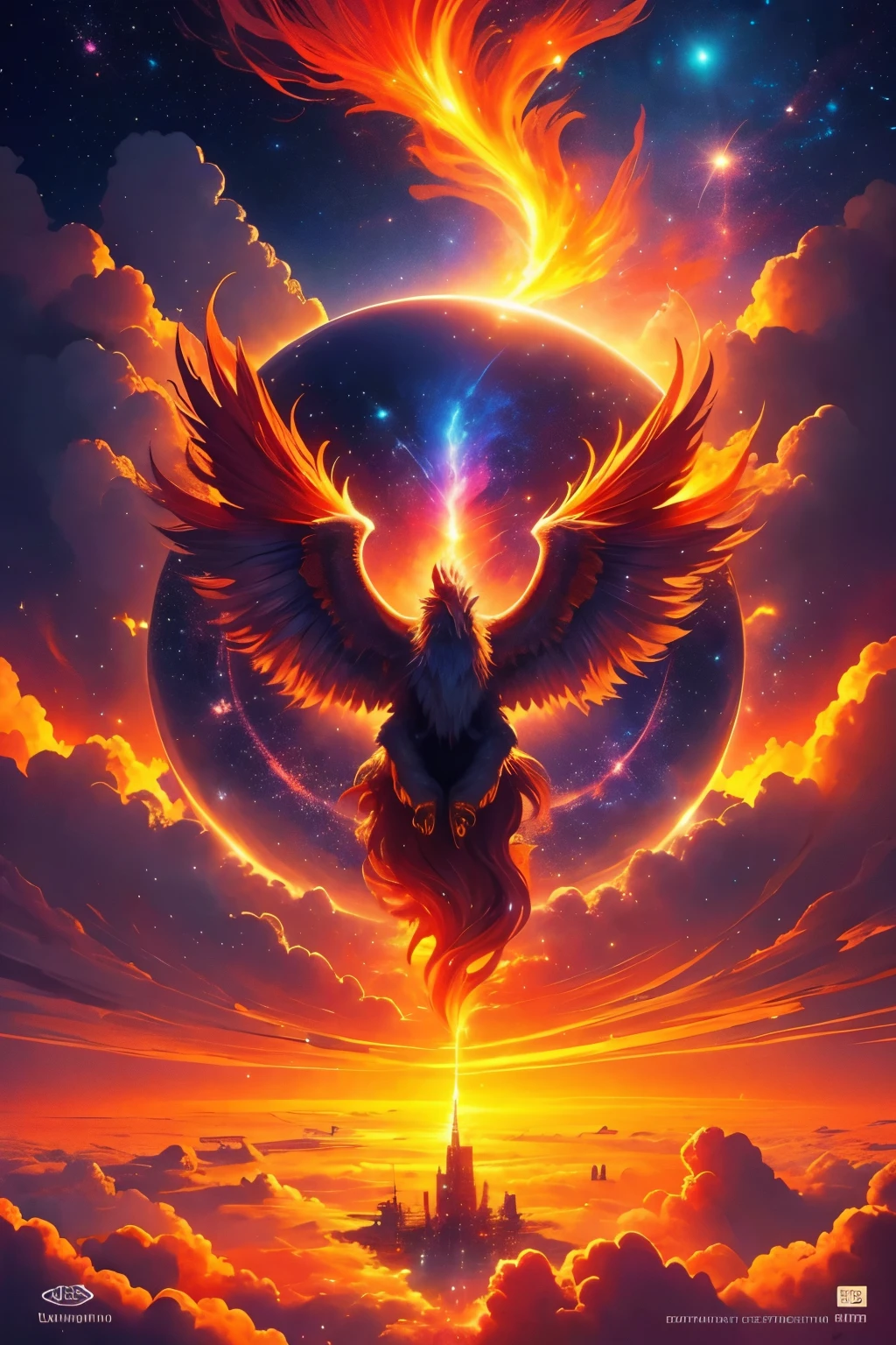 The Phoenix, vibrant fiery clouds, surrounded by colorful clouds, surreal and magical visionest quality, ultra-detailed, realistic:1.37), vivid colors, dreamlike painting, glowing colors, ethereal lighting