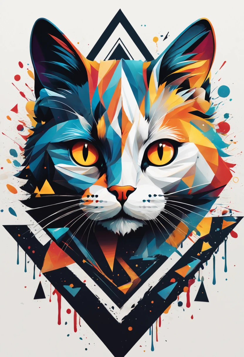 Colorful Logo,Colorful cat head minimalist vector art logo illustration, Frontal, Magic, Crisp design, suave, monochrome color, Dark Magic Colorful Splash Painting, tshirt design, In the style of Studio Ghibli, The design must be vector art, Cat introduction. Using Adobe Illustrator、Create sharpening, looking logo, But fascinating. Keep the design centered on the cat's eye, Capture its uniqueness and charm. The logo should evoke a sense of sophistication and tranquility. Emphasis on low-poly style、Add a little luxury. The overall aesthetic must be elegant and elegant, Related to branding and logo objectives, (without background), ((Symmetrymeter)),It's a colorful cat (triangle ),t shirt design,beefy style,design only,white background,no model,professional,high contrast,high-res,ultra-detailed,vivid colors,metallic accents,sharp focus,edgy,dynamic composition,gritty texture,rough brush strokes,mechanical elements,chrome effect,classic typography,retro style,distressed look,aggressive lines and curves,3D rendering,striking visual impact,dark shadows,strong branding presence,monochromatic palette,industrial aesthetic,
