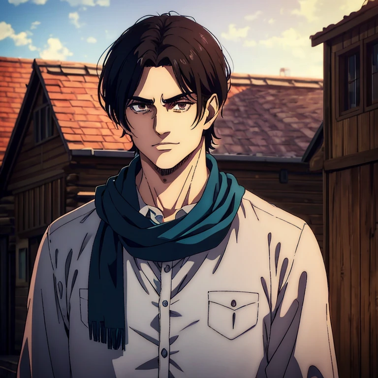 A male character with brown eyes and  with black hair in medium fringe hairstyle the Mappa art style. He is depicted in a grey shirt, showcasing a sharp jawline.He is also wearing blue shirt. He is also fair. He is also smiling a little. He is also wearing blue scarf in city slicker way . Behind him a small cabin. The artwork should have the best quality, with ultra-detailed and realistic features. The color palette should be vivid, and the lighting should emphasize the character's facial structure and expression.