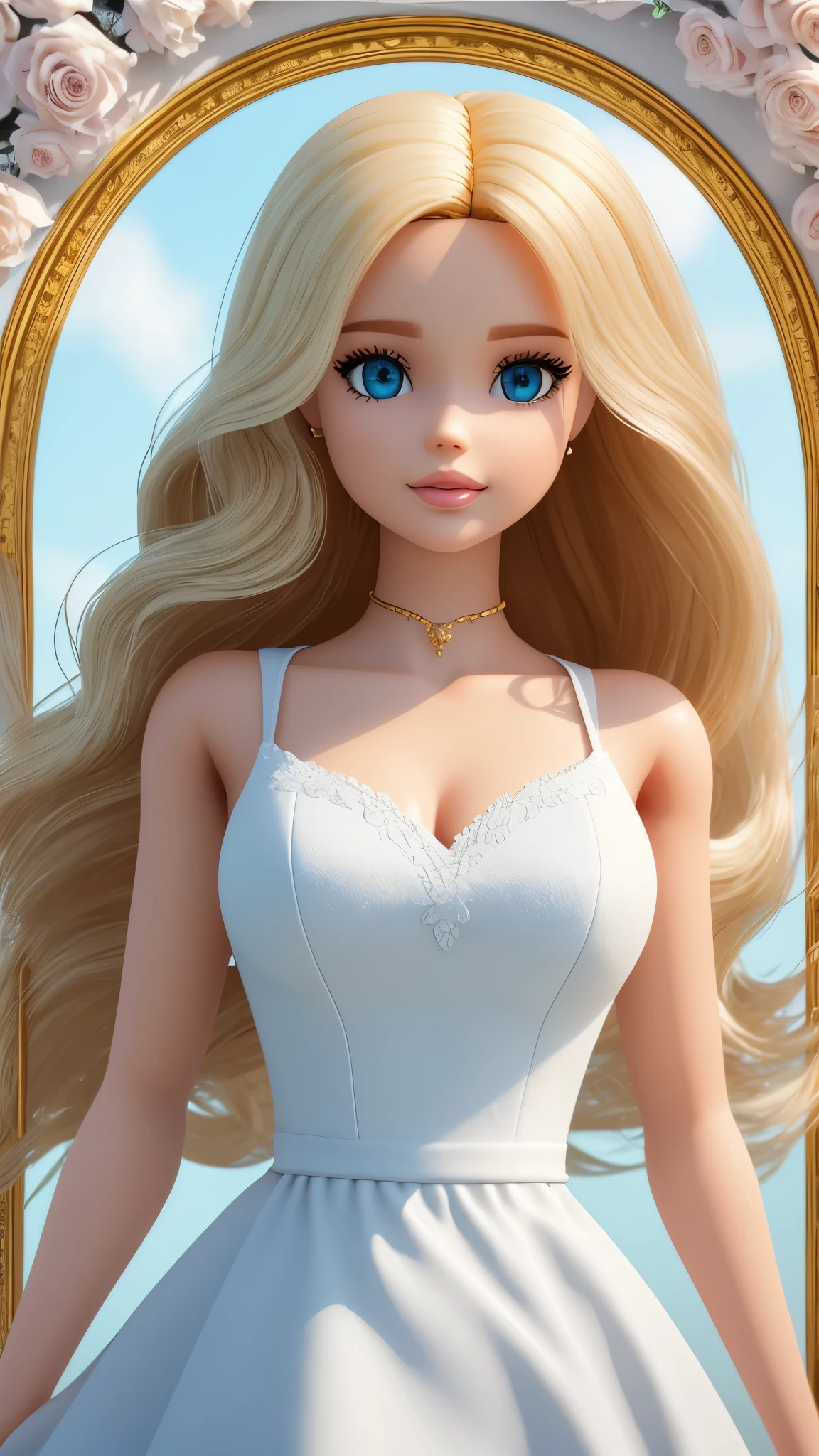 blond Barbie princess, Delicate detailed face, detailed white skin texture, long golden hair, adorable, Clean, soft smile, blue eyes, glowing retina, white dress, fresh flowers, golden frame, center, Disney style, high resolution, official art, unreal-engine, high dynamic range, OctaneRender, cinema4d, sun ray, looking at viewer, depth of field, 3D, from below, masterpiece, 8K, best quality, anatomically correct
