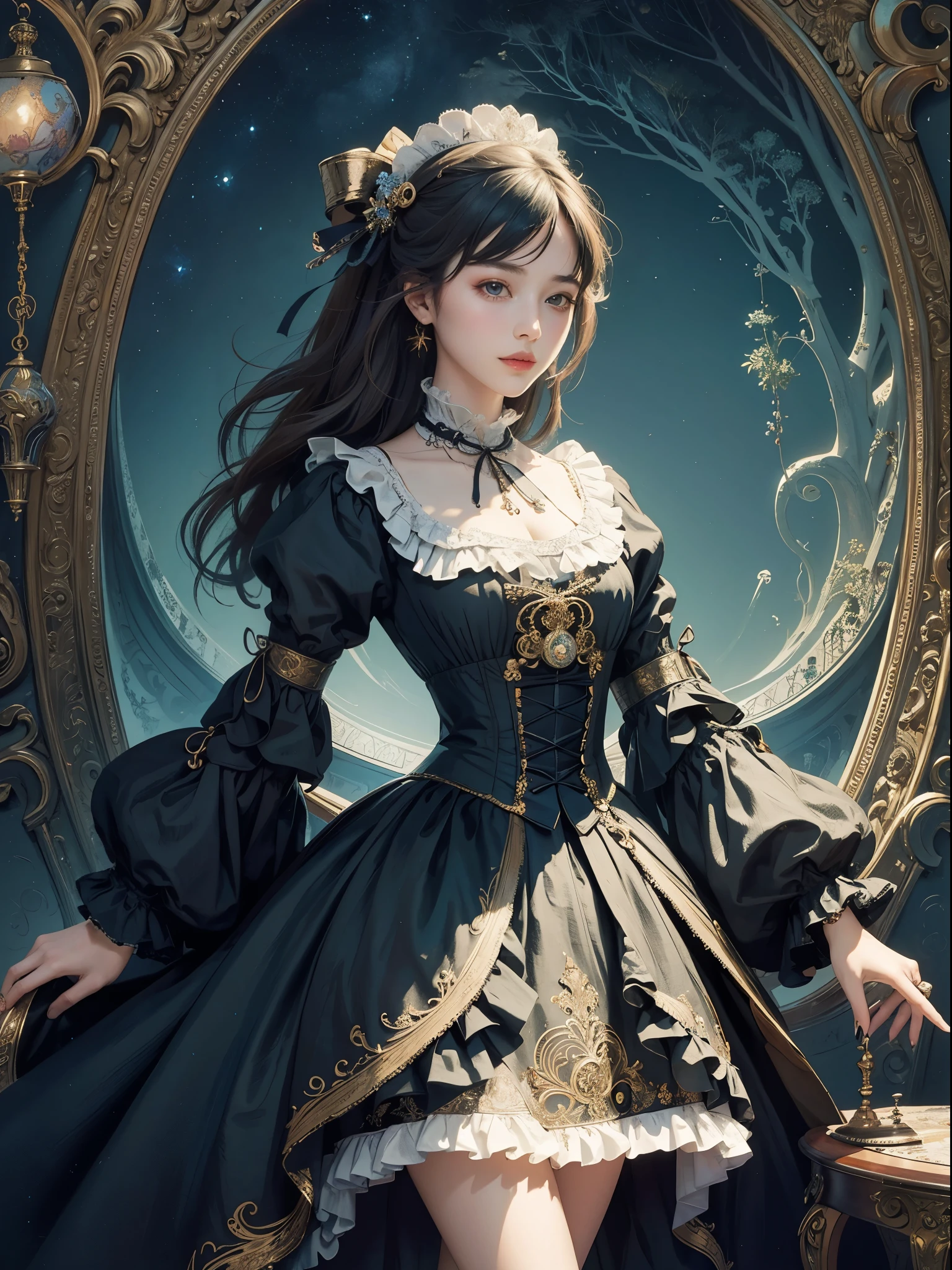 (masterpiece、quality、quality、Detailed and complex、official art、aestheticly pleasing:1.3)、(1 girl in:1.3)、(fractal art:1.3)、Extremely colorful、vivid、victorian era clothing