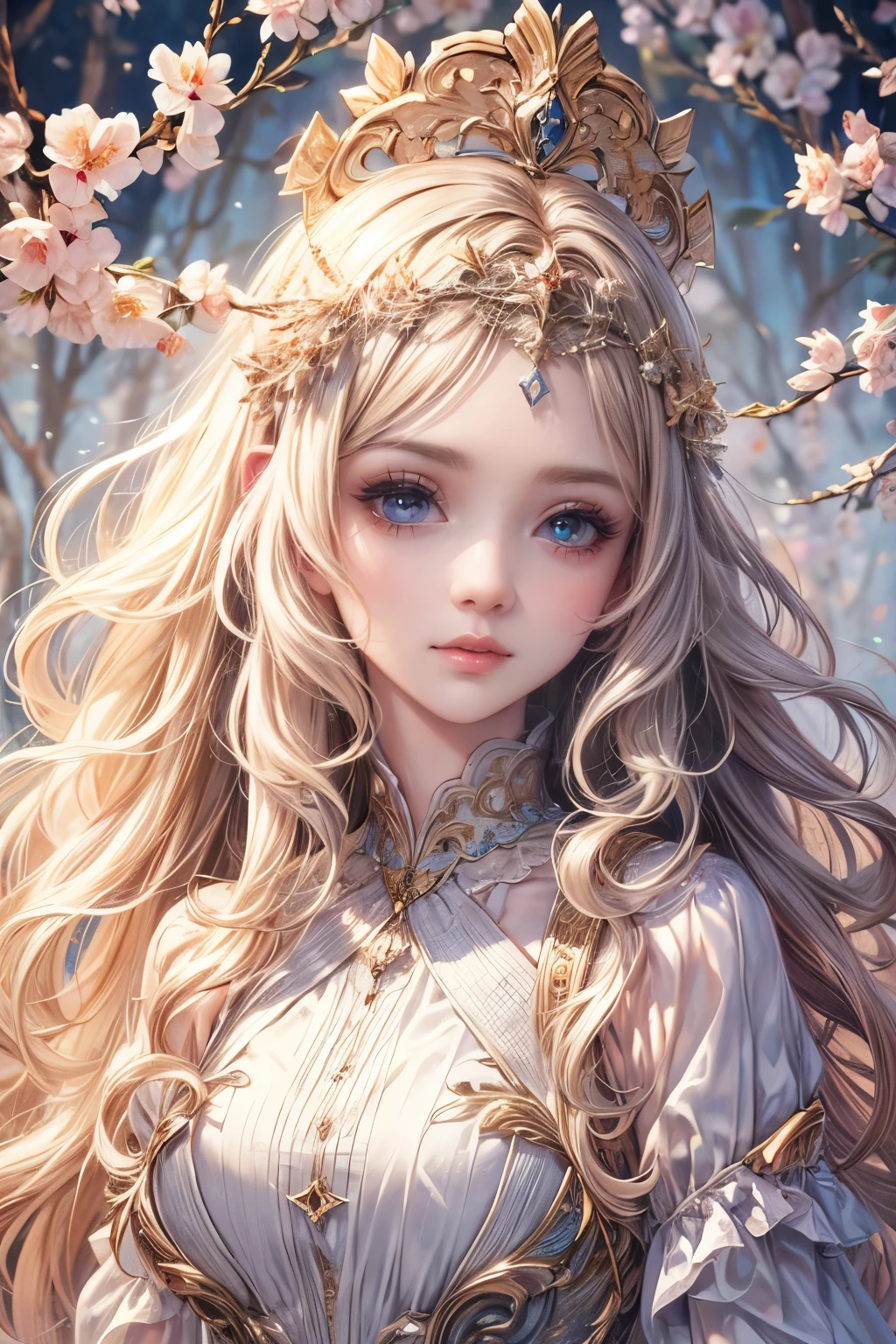 (best quality,8K,CG),detailed upper body,lonely girl,floral forest background,complex facial features,elegant long curly hair,almond-shaped big eyes,detailed eye makeup,long eyelashes,twinkling stars,exquisite lip details,soft and harmonious style.