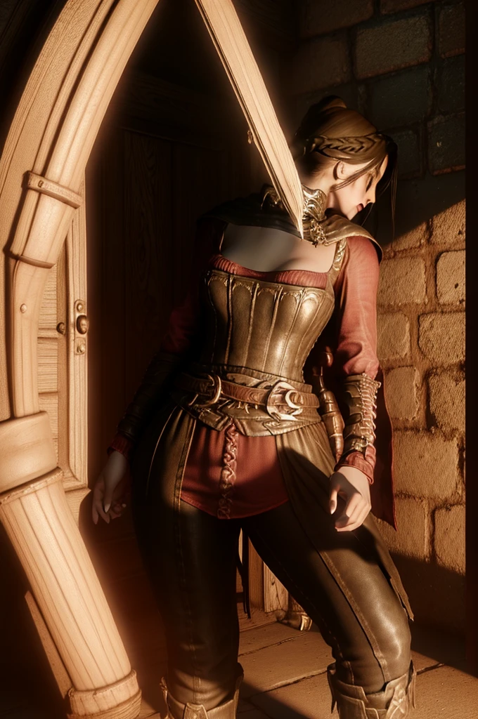 sexy Serana Reimagined captured, in captivity, tied up, handcuffed, bdsm, nina bodysuit, leather sexy cat bodysuit, full bodysuit, full body wetsuit, high heels, high boots, full body picture, inside dungeon cell background, ponytail