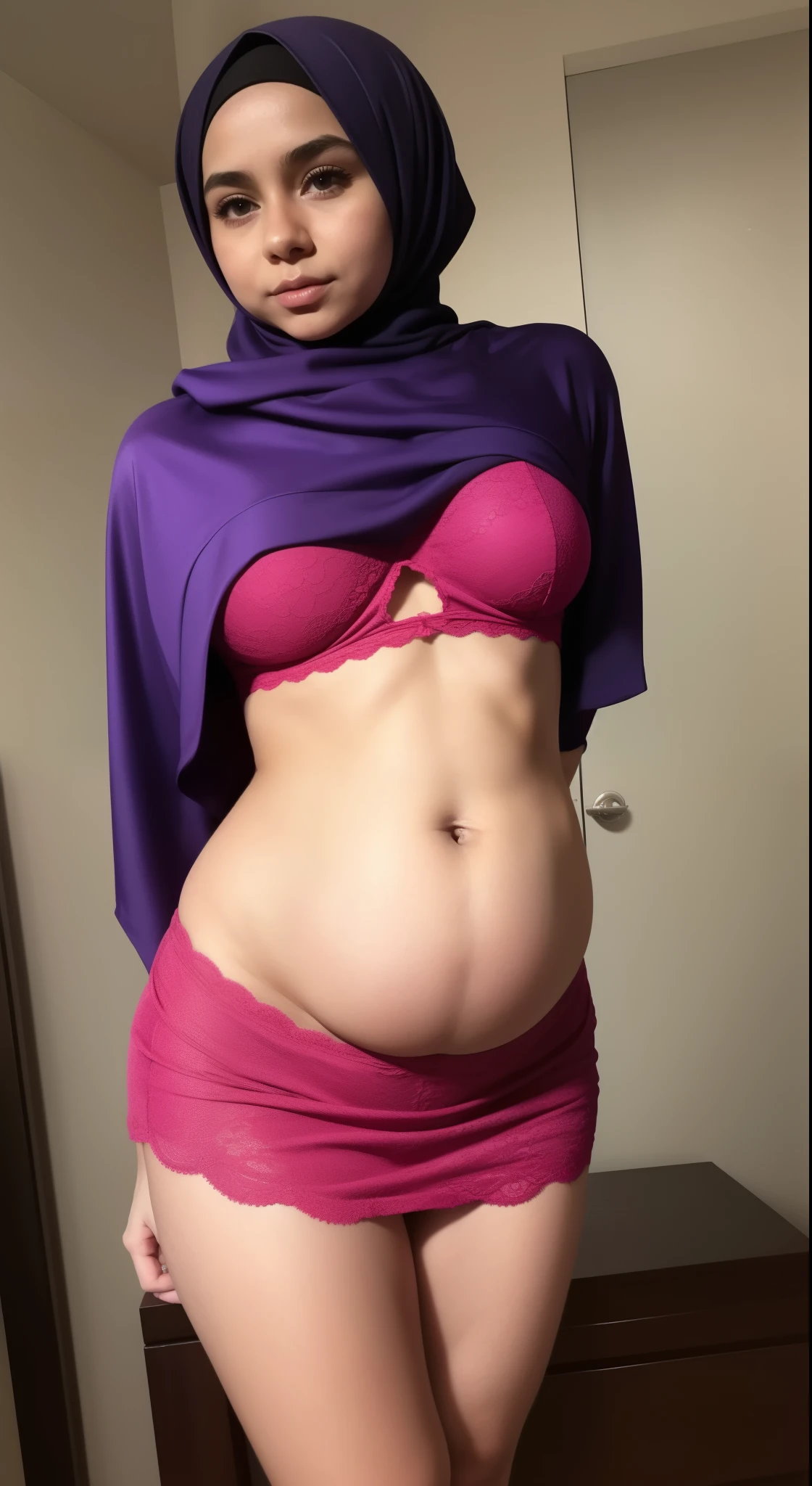 Hijab teen girl, fchest, very tigh short mini skirt, Satin Rainbow lace, pregnant , Very large and saggy breasts, show my breasts