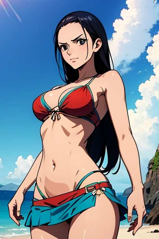 nico robin wears a bikini top and a super red miniskirt, uma obra-prima, Retrato bonito, arte de anime digital detalhada, detalhes Muito Artgerm haha, deviantart artstation cgsscosiety, fanart melhor artstation, Artgerm. alto detalhamento, seios grandes, deitados na areia.