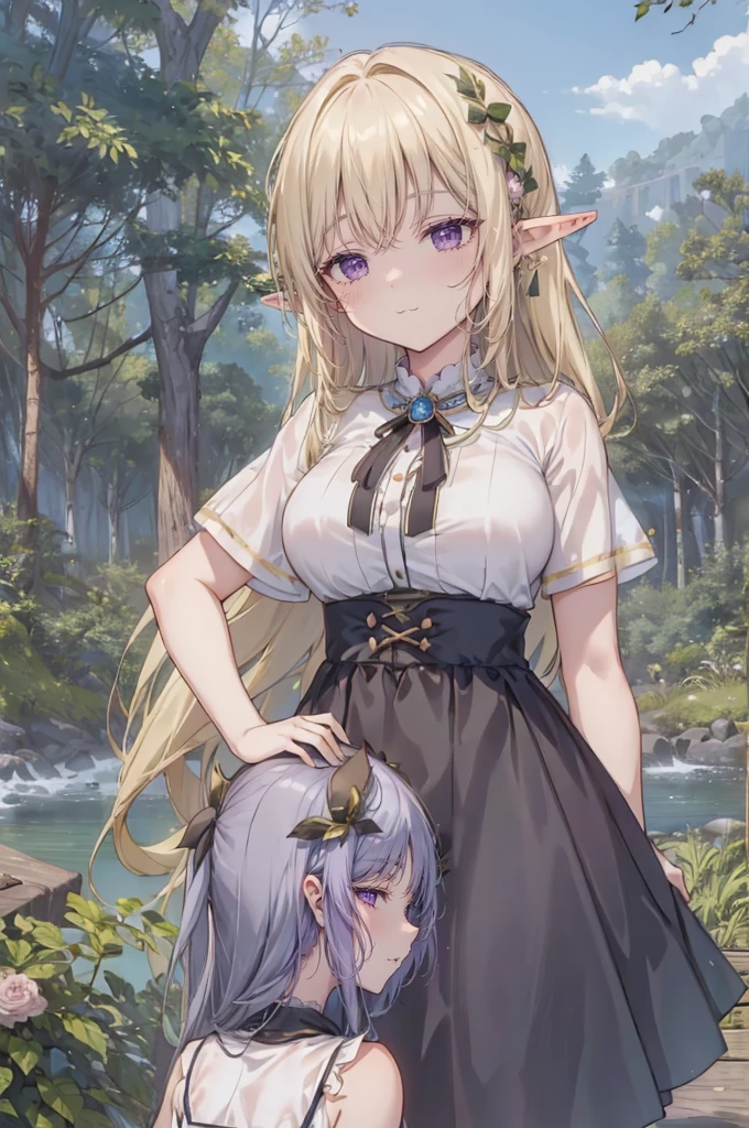 (2girls:1.5), (elfgirl:1.3), (two girls looking at another: 1.2), (commoner dress), (two girls walking together in the forest: 1.2), masterpiece, professionally drawn, (huge breasts), (cleavage sweat), (anime drawing:1.1), (simple bold lines: 1.1), (anime:1.1), (very cute anime girl), (bright), (low contrast), (prettiest teenage girl), (mature face: 1.4), (tall girl with big breasts: 1.2), (looking at another: 1.2), (yuri:1.4), (pointy ears), (elf ears)