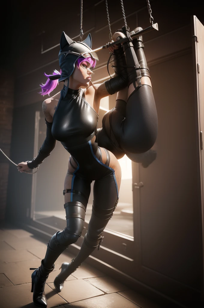 sexy captured, in captivity, tied up, handcuffed, bdsm, nina bodysuit, leather sexy cat bodysuit, full bodysuit, full body wetsuit, high heels, high boots, full body picture, inside dungeon cell background, ponytail