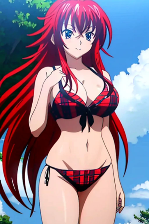 Rias wearing a tartan pattern bikini