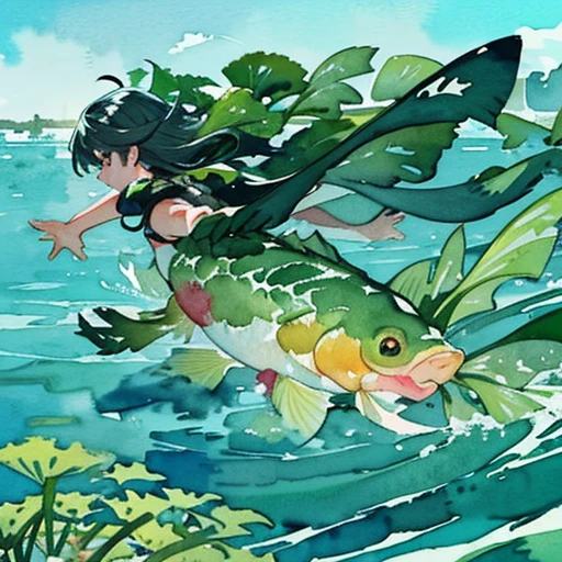 A girl is floating with a large seaweed salad.、amazing dynamism、amazing angle、Unstable buoyancy sandstorm、(((A lot of friendly carp floats and I chase them.)))、(((surround each other&#39;watercolor seaweed)))