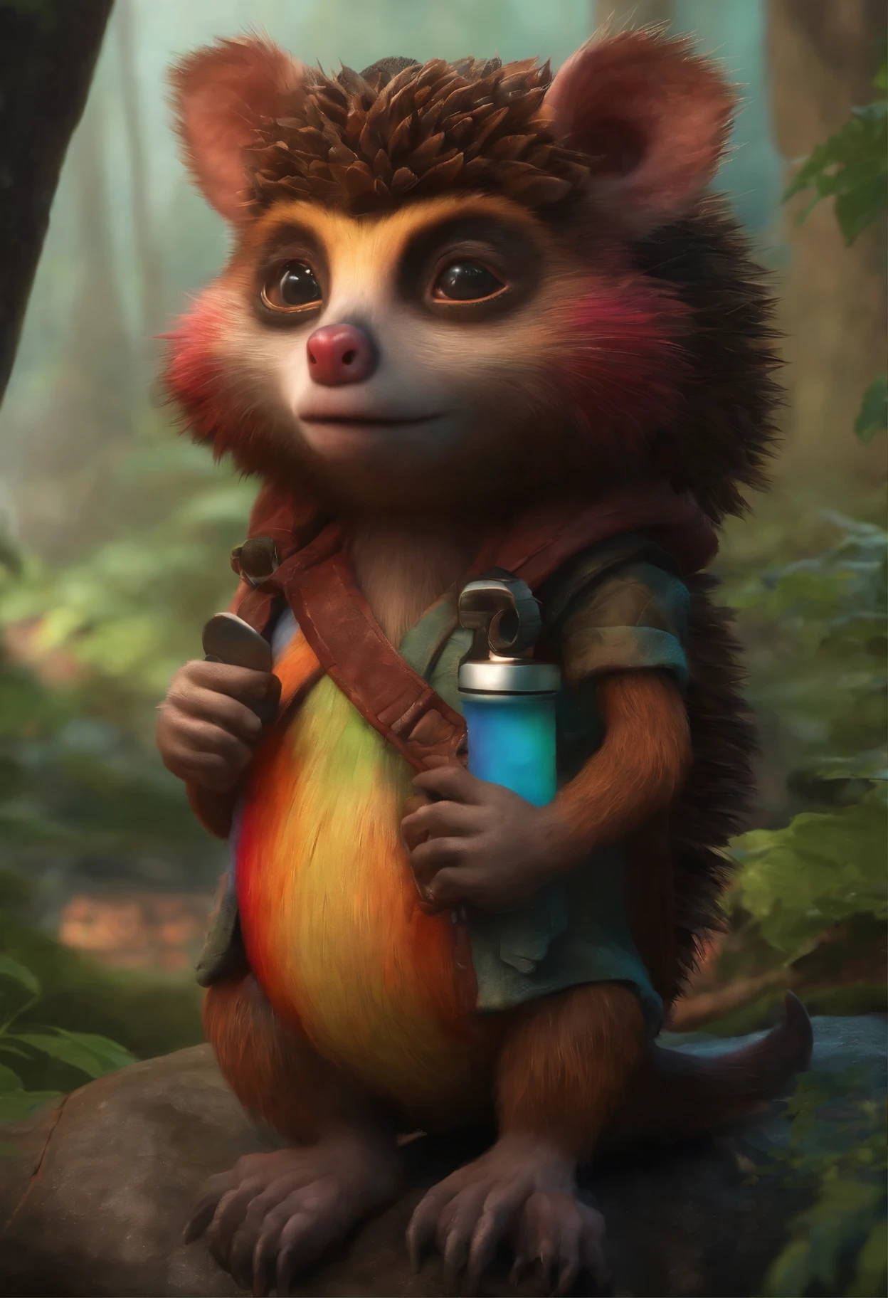 A brightly bloody hedgehog dressed in meat sits on a stone in the forest, charming digital painting, Rendering of monkeys, Anthropomorphic hedgehog, bloody fur, Rendering of the Marmoset ToolBaged, Zbrush Color Renderer, Rendering of the Marmoset ToolBag, Octane turns into a lonely rainbow, cute 3D rendering, dark rainbow colored fur, cute detailed digital art, whimsical demon with rainbow fur