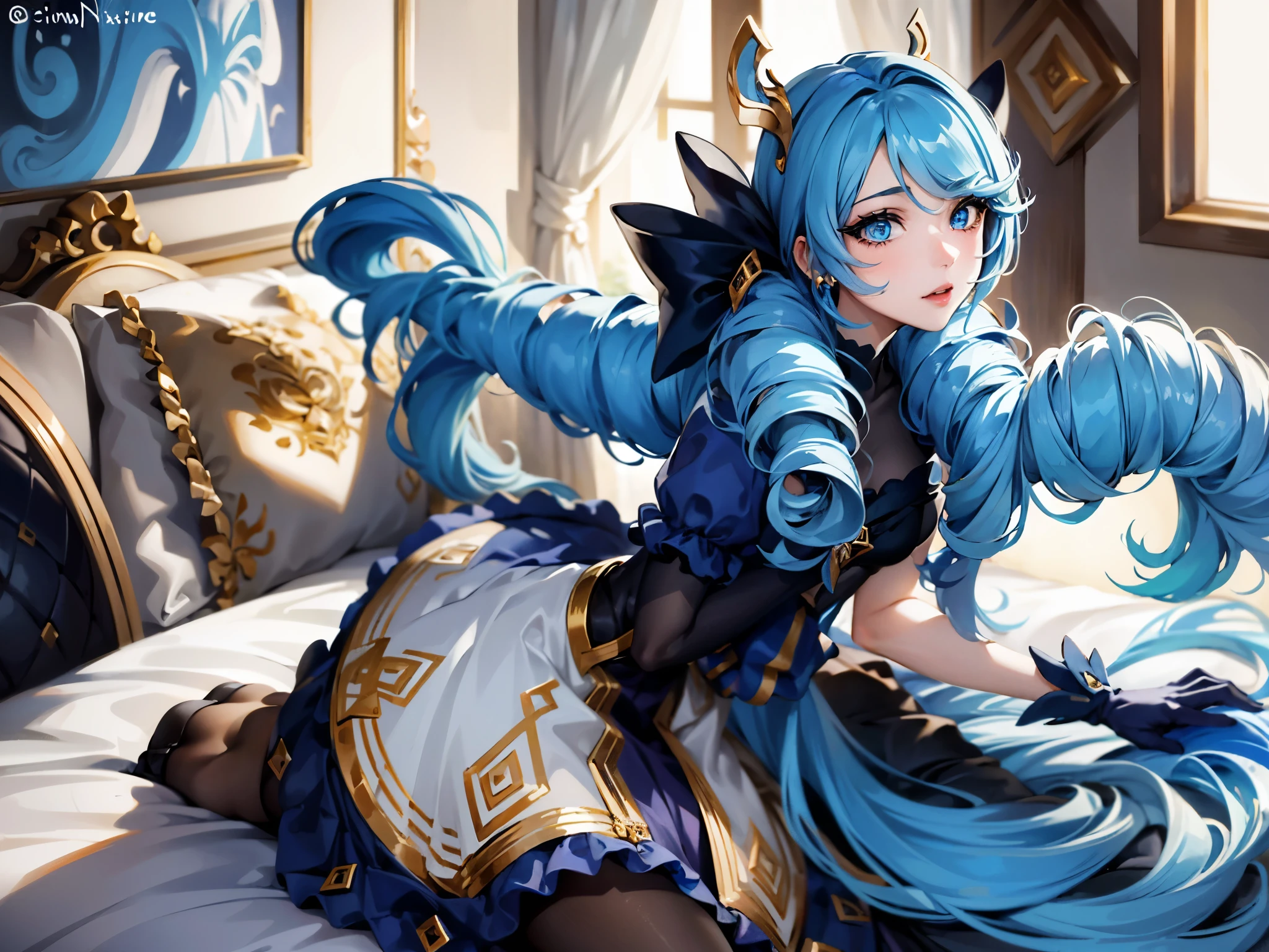 1 girl, masterpiece, best quality,（Disney style 1.4）, Highly detailed faces, perfect lighting, long hair, Double tail, drill hair, bow, blue hair, hair , blue eyes, Gwen, skirt, long sleeve gloves, knitted stockings