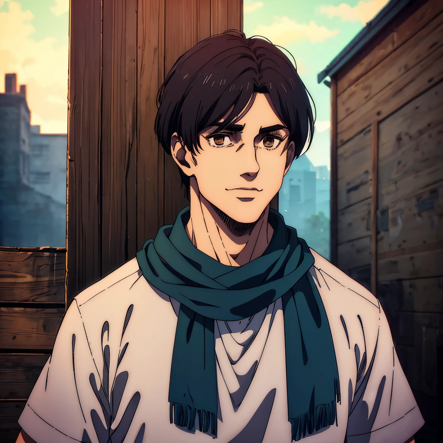 A male character with brown eyes and  with  medium fringe hairstyle black hair  the Mappa art style. He is depicted in a grey shirt, showcasing a sharp jawline.He is also wearing short sleeve shirt. He is also fair. He is also smiling a little. He is also wearing blue scarf in city slicker way . Behind him a small cabin. The artwork should have the best quality, with ultra-detailed and realistic features. The color palette should be vivid, and the lighting should emphasize the character's facial structure and expression.