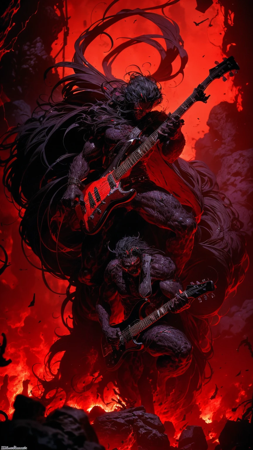 demons in hell with a rock band where the demons smoke and drink alcohol, the color red and black predominates, guitars, bass and drum