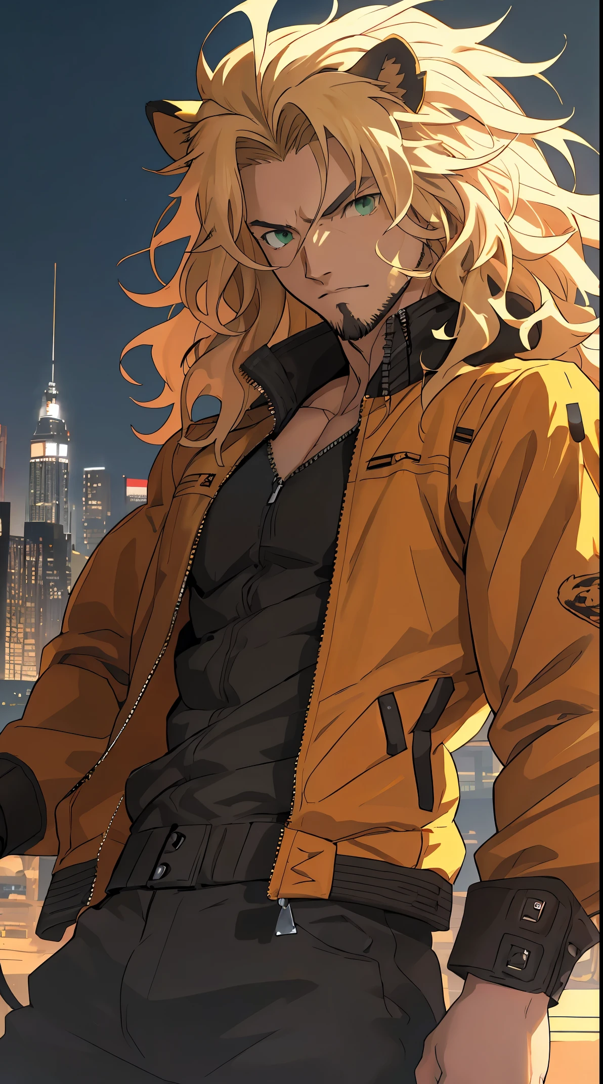 One male, lion ears, long hair, blond, blond hair, green eyes, tall, muscular, black bomber jacket, beautiful face, ((highest quality)), ((masterpiece)), 2d, ((anime)), (perfect face), ((highest detail)), feline eyes, stubble, lion tail, wavy hair, cowboy shot, intricate details, (city background), ((solo)),