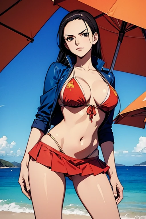 nico robin wears a bikini top and a super red miniskirt, uma obra-prima, Retrato bonito, arte de anime digital detalhada, detalhes Muito Artgerm haha, deviantart artstation cgsscosiety, fanart melhor artstation, Artgerm. alto detalhamento, seios grandes, deitados na areia.