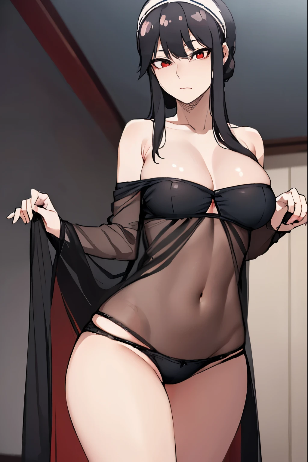 Yobriya Ratatata, briar rose tartare, Bangs, Headband, (red eyes:1.5), black hair,
rest cleavage, bare shoulders, underwear，underwear only, underwear,
rest indoors, floor,
rest looking at viewer, (cowboy shooting:1.5),
rest (masterpiece:1.2), best quality, high resolution, unified 8k wallpaper, extremely detailed face, perfect lighting, Very detailed cg, (perfect hands, perfect anatomy),Buttocks close up，big asack view，The eyes are delicate