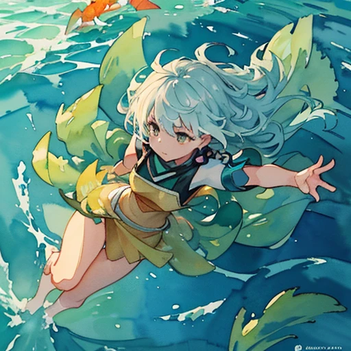 (best quality,ultra-detailed,realistic:1.37),anime,illustration,solo focus,green-haired girl,,thigh emphasis,desert oasis,bathing,drenched in water,translucent attire,refreshing ambiance,soft sunlight, tatsumaki, ((wearing clothing, flying))