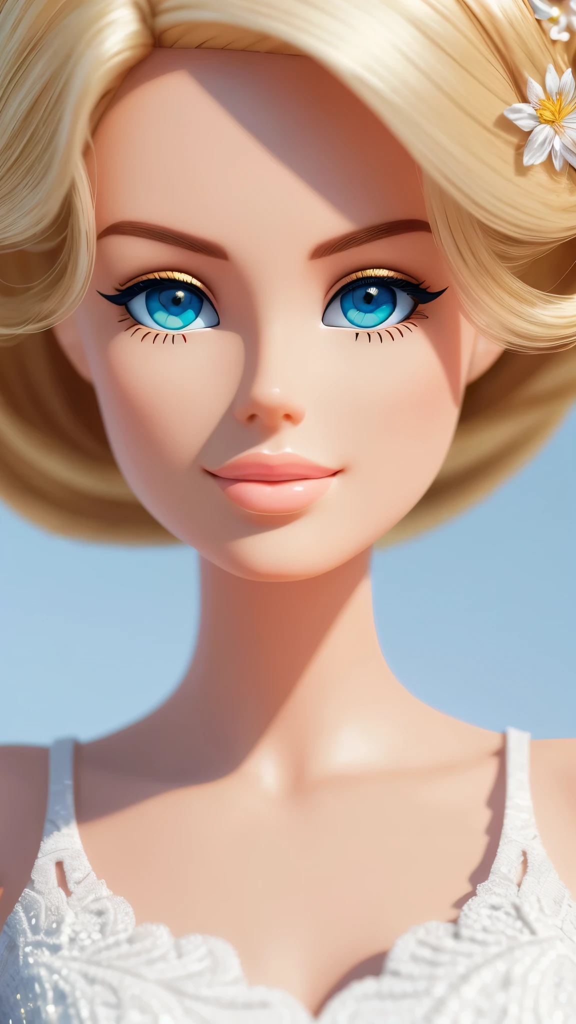 blond porcelaine Barbie princess, Delicate detailed face, detailed white skin texture, long golden hair, adorable, Clean, soft smile, blue eyes, glowing retina, white dress, fresh flowers, golden frame, center, Disney style, high resolution, official art, unreal-engine, high dynamic range, OctaneRender, cinema4d, sun ray, looking at viewer, depth of field, 3D, from below, masterpiece, 8K, best quality, anatomically correct