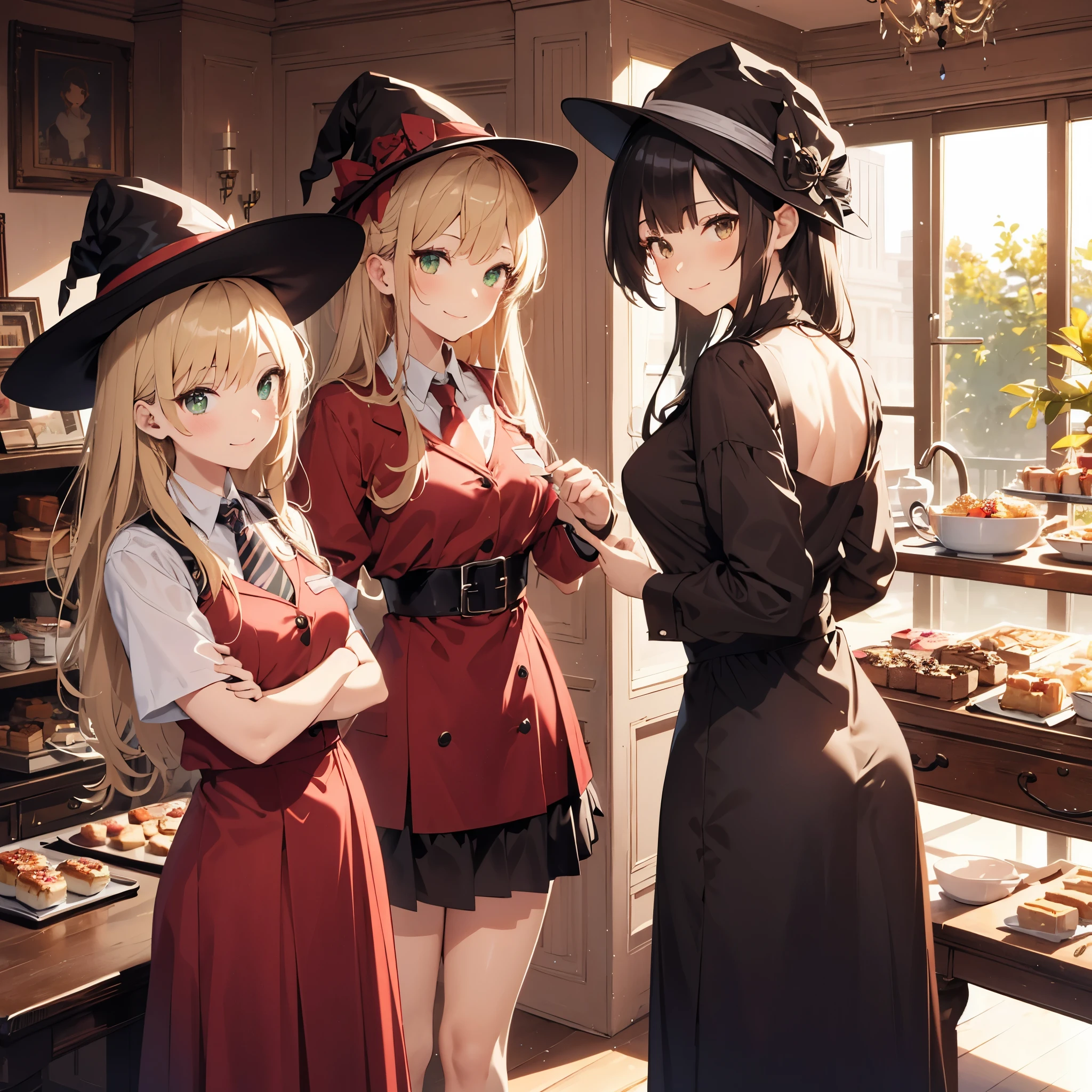 two witch girls with long hair and dresses standing in front of tea room, multiple girls, 2girls, hat, mob cap, blonde hair, necktie, dress, green eyes, skirt, shirt, brown hair, smile, red dress, brown eyes, looking at viewer, short sleeves,over knee socks