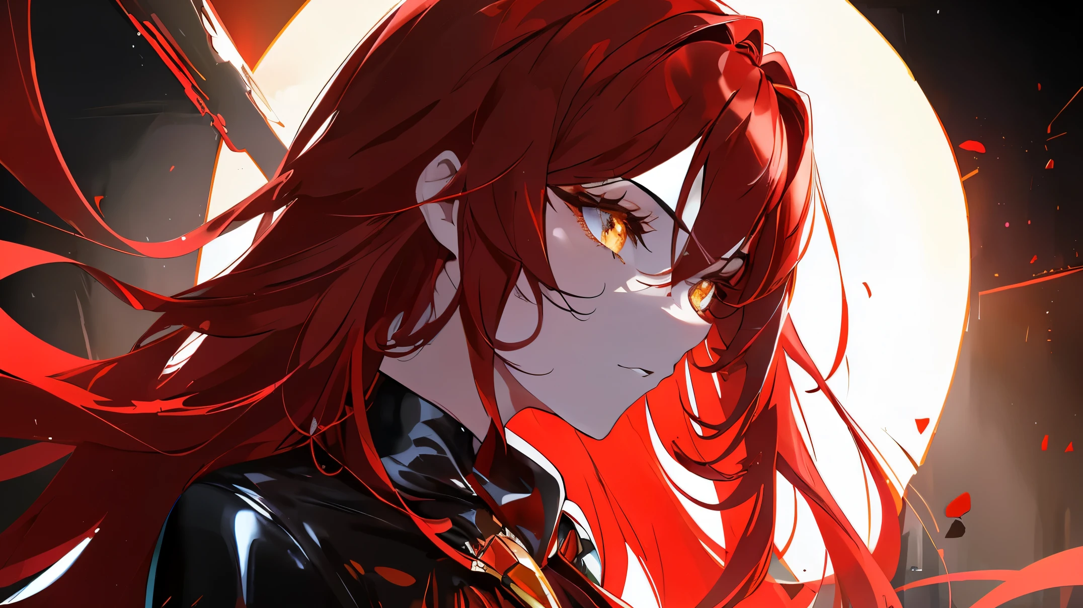 masterpiece, best quality) an woman with very long red hair, neckline, black ribbons, red leather, (profile picture), bodysuit, cold look, queen, good anatomy, correct proportions, torn clothes, queen, yellow eyes, serious, mysterious appearance, blood, emotionless, straight bangs, very long red hair, evil, (yellow eyes), gothic, medium chest, ((show from chest to head)), cinematics, color oil painting, solo, cinematic lighting, extremely detailed face, finely detailed face, beautiful face, beautiful eyes, perfect lighting, depth of field, realistic proportions, good anatomy, ((((Obra maestra, La mejor calidad, ultrahigh resolution)))), 1girl, standing, (sexy latex costume)