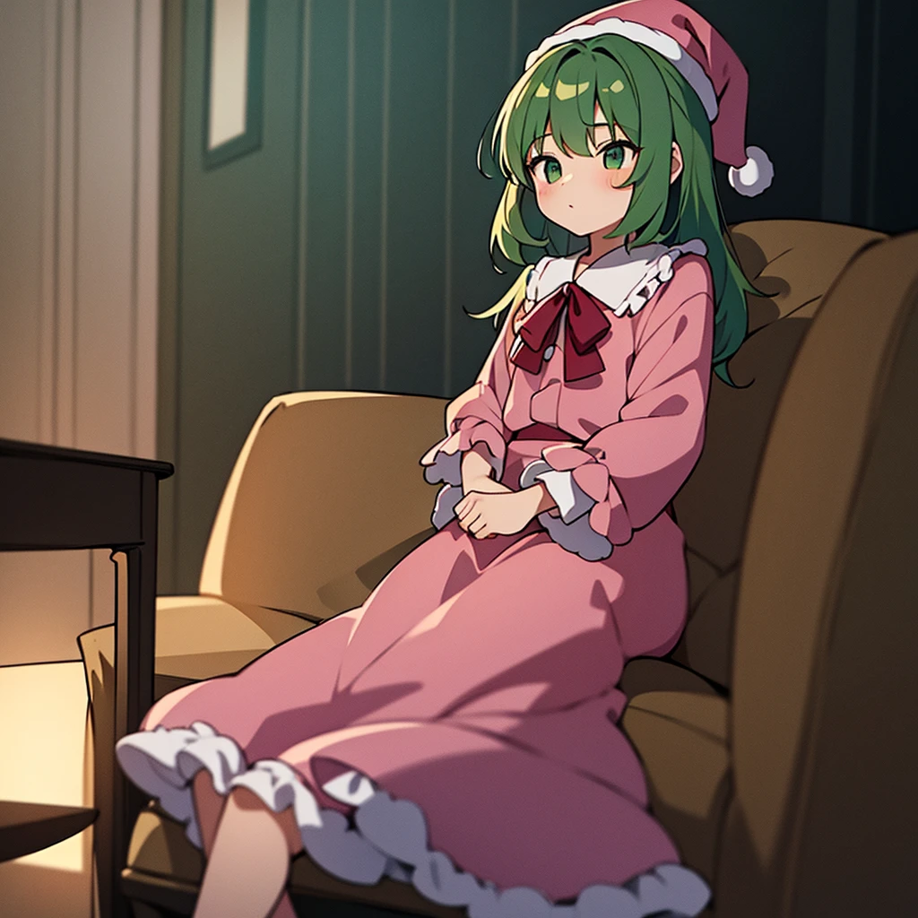 masterpiece, best quality, 1girl, little girl, child, 10 years old, kazami yuuka (pc-98), solo, green hair, long hair, pink nightcap, pink santa hat, green eyes, kazami yuuka, long sleeves, red ribbon, pink negligee, sleepy eyes, one piece clothing, touhou, pajamas, pink nightgown, fluffy hair, solo