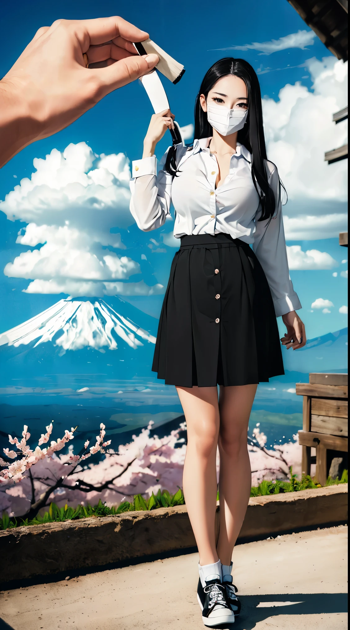 ((Face_mask):0.1), ((Beautiful 35_year_old japanese_woman with pale skin):1.5), ((long_black_hair):2), ((japanese_woodlands):1), ((sagging_breasts):1.8), ((breasts_apart):1.5), ((wearing loose_long_skirt and white_button_up_shirt and black_shoes):2), ((full_body_photo):2), (smooth_skin), (perfect_fingers), ((better_eyes):1.2), ((perfect_face):2), ((beautiful_face):1.8), ((feminine_face):1.8), ((grassy_plain and cumulus_clouds):1), ((mount_fuji in distance and sakura_tree_blossoms):1.5), ((perfect_body):2), ((perfect_hands):1.2), ((best_quality):1.6), (perfect_fabric):1.2), ((Masterpiece):1.6), ((Hyper_Realism):1.4), ((perfect_pose):1.2)