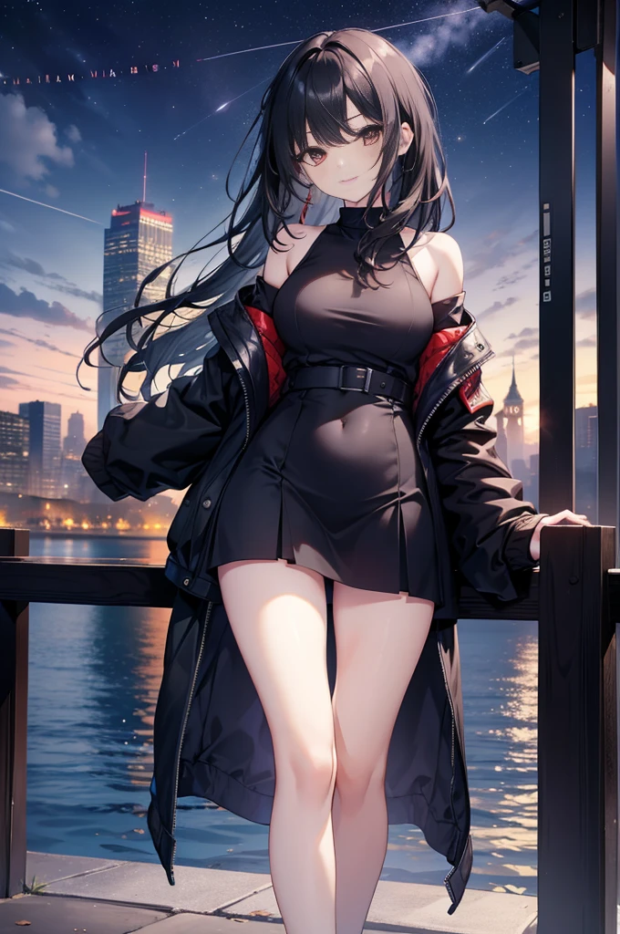 (masterpiece), (best quality), (4k resolution), (anatomy; perfect), 1  girl, fair skin, red eyes, black hair), detailed eyes, perfect face, (locks, bangs), loose hair, (light effects in hair), eyebrow, nose, ear, tight mouth, smiling, sweatshirt OFF SHOULDER TOP, short skirt, tightig chest), (perfect belly), (perfect waist), Beautiful and perfect legs, standing, background scenery, in the park, new year, beautiful night, night lighting, looking at viewer