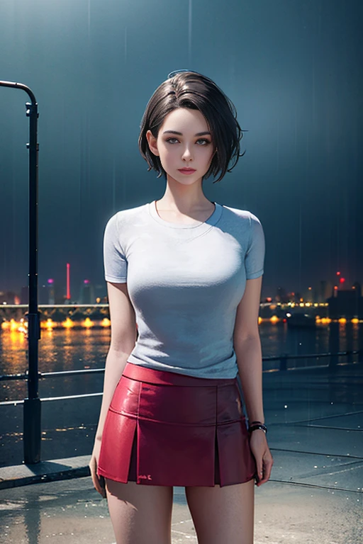 1girl, cowboy shot of zotovalentine, white shirt, red skirt, athletic, city, night, neon, rain, volumetric lighting, best quality, masterpiece, intricate details, tonemapping, sharp focus, hyper detailed, trending on Artstation, realistic, 