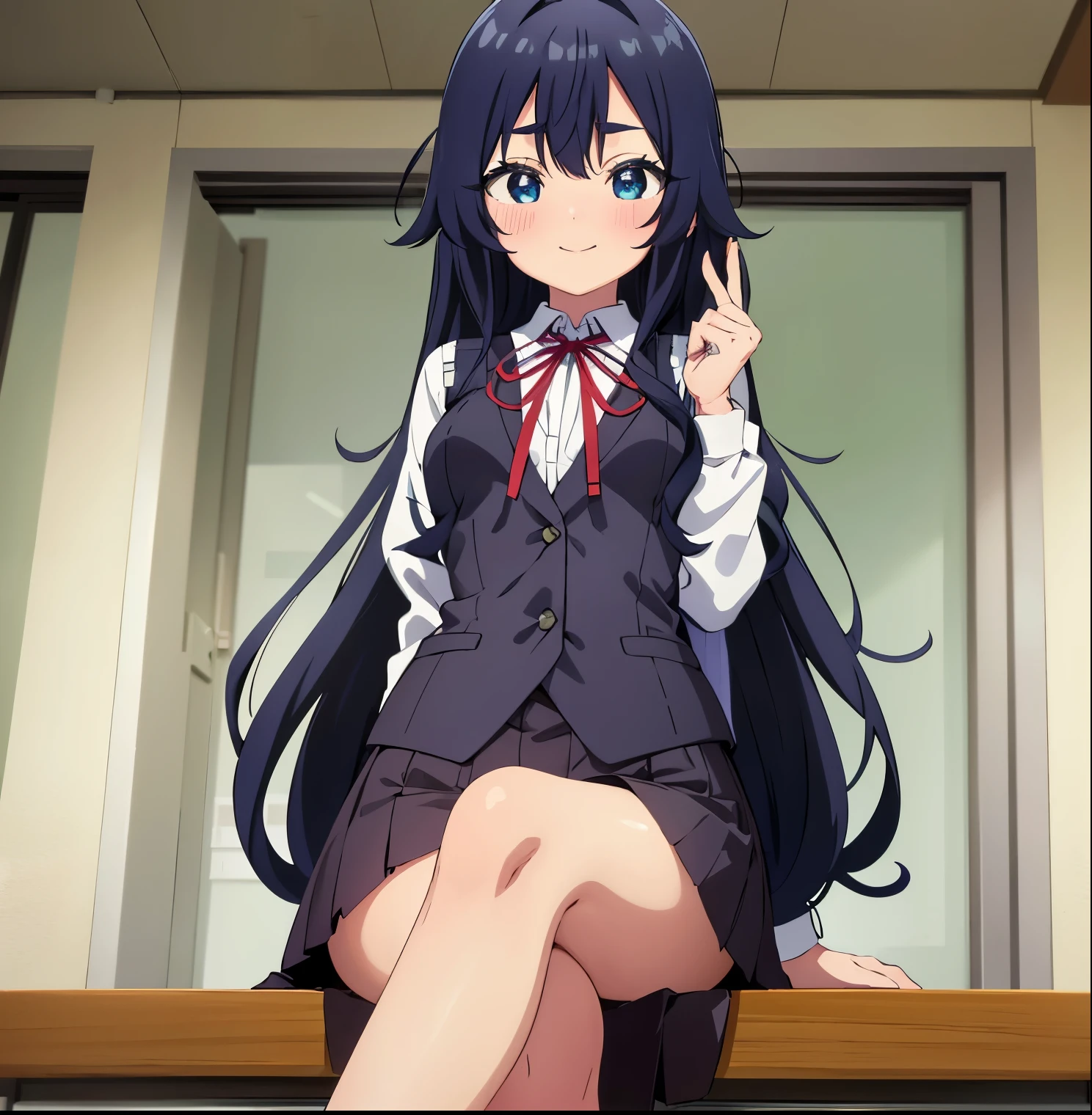 a girl in the library, point of view (from below), 1 girl, alone, shizuka yoshimoto, long hair, dark blue hair, blue eyes, ribbon on neck, red ribbon, white shirt, black skirt, embarrassed, smiling, long sleeves, school uniform, bracelet, vest, classroom, taking, selfie, smiling, embarrassed, shy, library, sitting, sitting at the desk, legs crossed, all blushing, standing, 1 girl, (masterpiece: 1.3 ), (high resolution), (8K), (extremely detailed), (4k), (pixiv), perfect face, Beautiful eyes and face, (Best quality), (super detailed), detailed face and eyes, (only) , skin texture, Absurd, high resolution, small breasts, medium waist, medium thighs