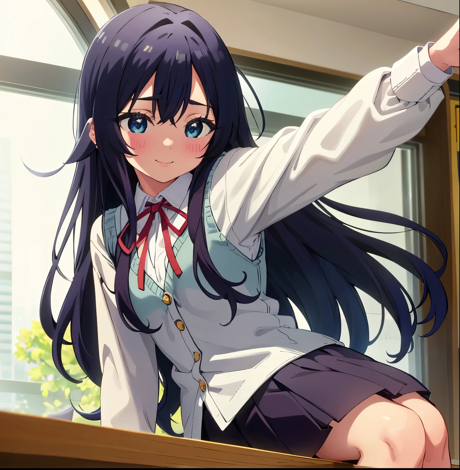 a girl in the library, point of view (from below), 1 girl, alone, shizuka yoshimoto, long hair, dark blue hair, blue eyes, ribbon on neck, red ribbon, white shirt, black skirt, embarrassed, smiling, long sleeves, school uniform, bracelet, vest, classroom, taking, selfie, smiling, embarrassed, shy, library, sitting, sitting at the desk, legs crossed, all blushing, standing, 1 girl, (masterpiece: 1.3 ), (high resolution), (8K), (extremely detailed), (4k), (pixiv), perfect face, Beautiful eyes and face, (Best quality), (super detailed), detailed face and eyes, (only) , skin texture, Absurd, high resolution, small breasts, medium waist, medium thighs