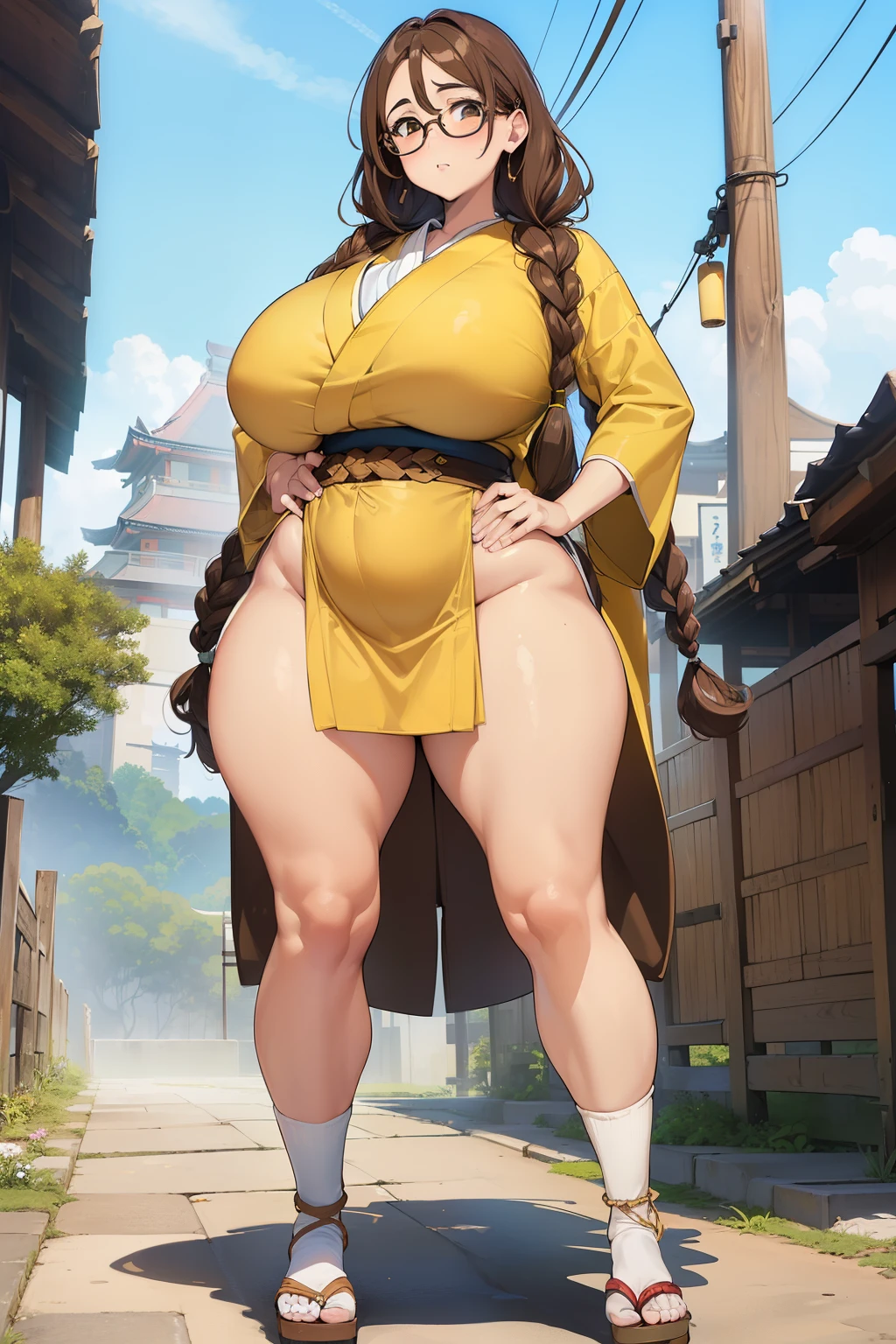 ((Giant saggy tits)),((caderas anchas)),((Chica blanca)),((Long brown hair with braids)),((brown eyes)),((thicc thights)),((gafas)),Thicc MILF,((Ropa de diosa japonesa)),((full body))