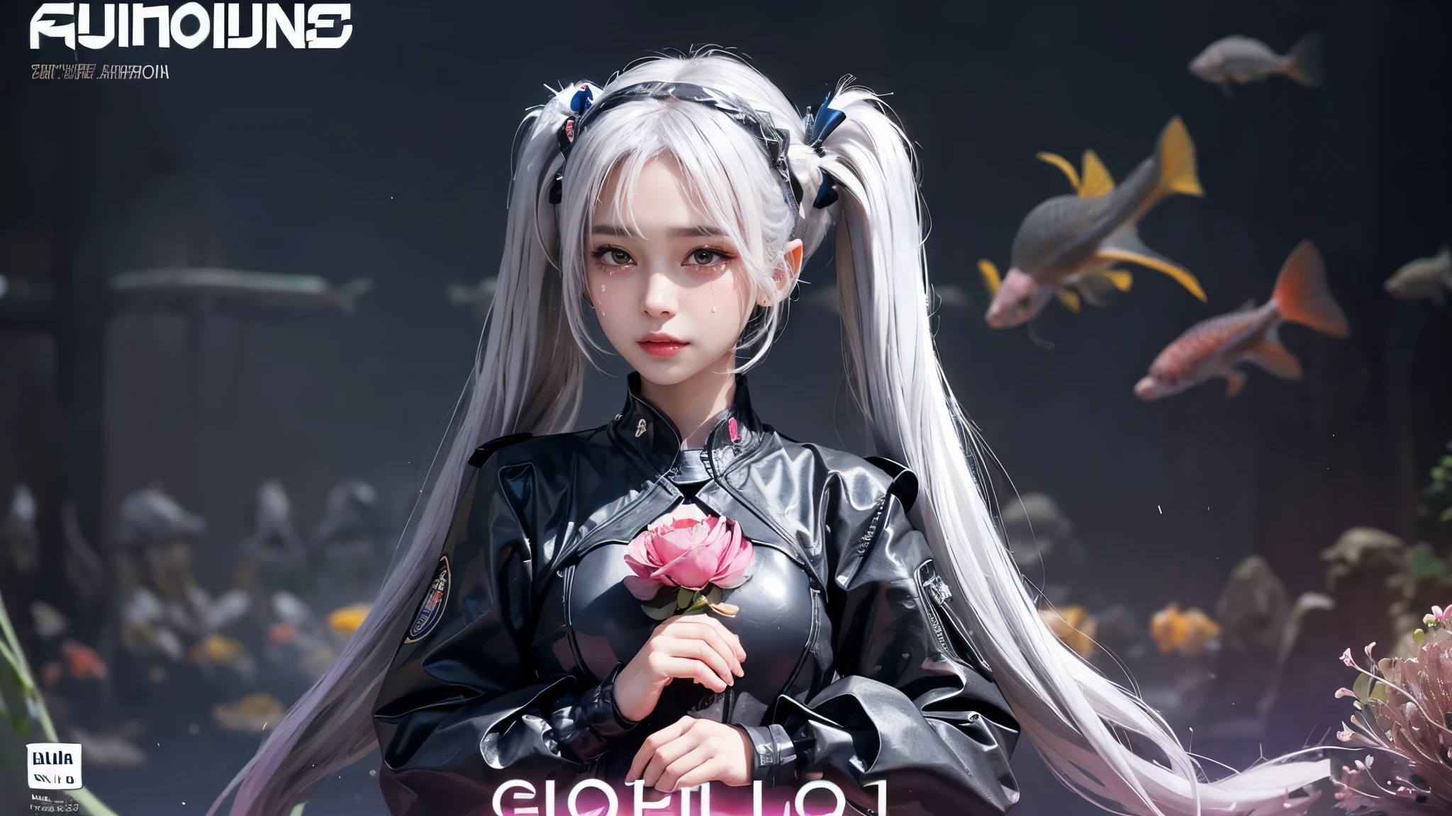 hair bobbles, wince, long eyelashes, solid circle eyes, light smile, ear blush, fang, (white hair), makeup, blush, sad, sad smile, drop shadow, anaglyph, atmospheric perspective, 8k, super detail, accurate, best quality, (cyberpunk), cinematic lighting, masterpiece,1girll, ((((short twintails)))), Colorful hair, flying, pink bows,((-yeld fee model)),( Stand Neck long sleeve black jacket), mecha, ((dress)), (((((aquarium)))))), (angel halo), ( wings), (((wide shot))), ((((text)))), (cover), bold, attention-grabbing, ((title)), stylish, (((font))), panorama, bottom shot, tile from below, title from side, title in middle, (((((magazine cover layout))))), (((( princess costume )))), (( girl holding a glowing flower)), headband, (((solo)))