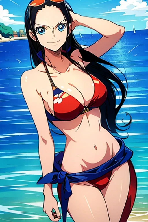One-Piece Robin, pose sexy, E se , Elly, sari vermelho, 8K, anime, costa, peito grande, bunda grande, Looks sexy perfect quality blue eyes standing eyes red bikini