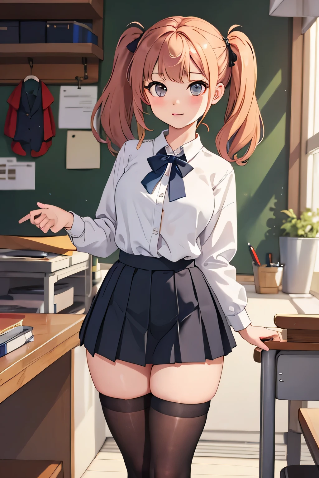 school uniform, White Office Shirt, a black pleated skirt,despicable, naked, wide open thighs, mini skirt,but、Bubble, stockings,masterpiece, young girl, twin tails, Ultra HD, your blacksmith, thick thighs,