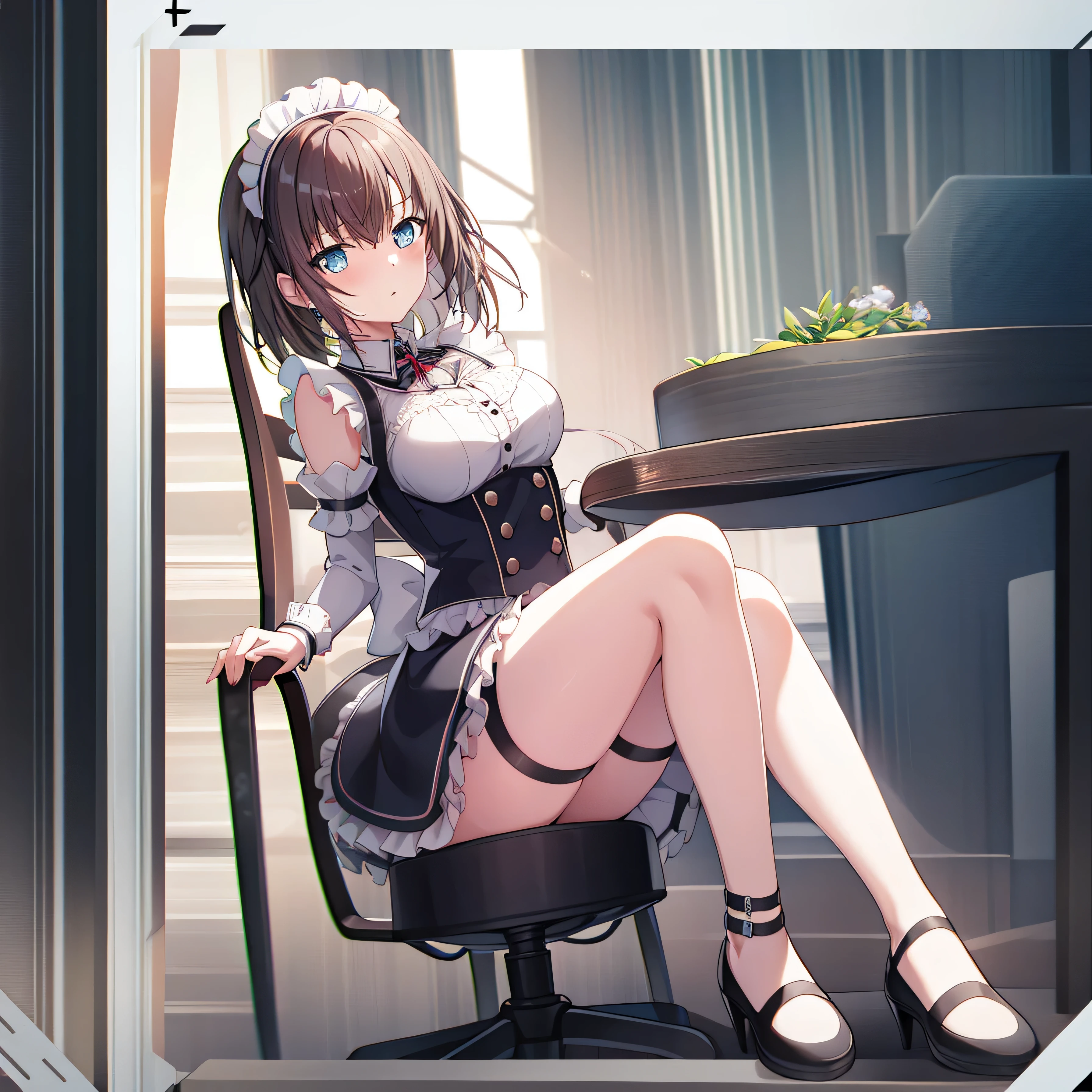 1 girl, , alone, Raised your legs, long_hair, skirt, Black_hair, maid_hat, watching_Take a step back, watching_Shown in_peeking at the viewer, through bangs, Black_Raised your legs, Blushed, Black_skirt, Sam, short_the sleeve, Clothes are_lift, wrists_arm cuffs, Decorative style, skirt_lift, big deal_, lifted_pasado_self-expression, Translucent liquid comes from_Shown in后面, maid, fluffy_short_the sleeve, side lock, fluffy_the sleeve, cropper_top, blunt_through bangs, , awas_mGet outh, big deal腿, Black_There are eyes, chair, kneeling, frilly_skirt, _Get out, Shown in室内, window,