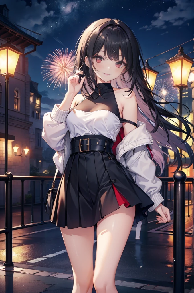 (masterpiece), (best quality), (4k resolution), (anatomy; perfect), 1  girl, fair skin, red eyes, black hair), detailed eyes, perfect face, (locks, bangs), loose hair, (light effects in hair), eyebrow, nose, ear, tight mouth, smiling, sweatshirt OFF SHOULDER TOP, short skirt, tightig chest), (perfect belly), (perfect waist), Beautiful and perfect legs, standing, background scenery, in the park, new year, beautiful night, night lighting, looking at viewer