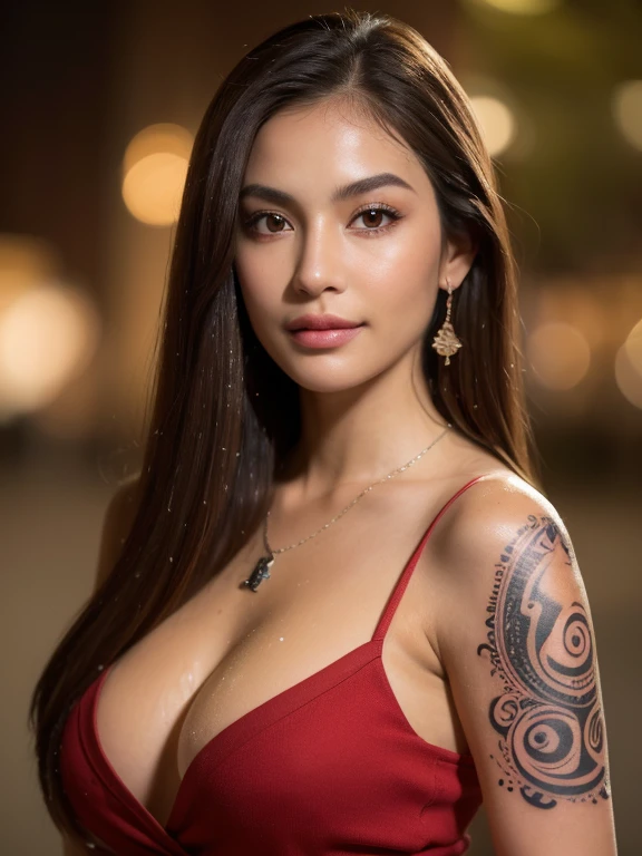 ((at night, realistic light, best quality, 10, Masterpiece: 1.3)), 1 girl, slim beauty: 1.4, Thai-Japanese: 1.1, (brown hair, large breasts, chest shirt, light red: 1.1, Take a shower, Highly detailed face,full body, Pose from different angles, delicate eyes, Double eyelids, smile, necklace,The face is tattooed like a Maori tribe.