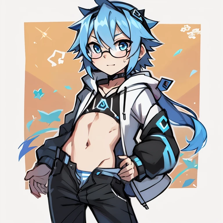 Neptune neptunia as a boy wearing glasses blue hair white hoodie unzipped pants