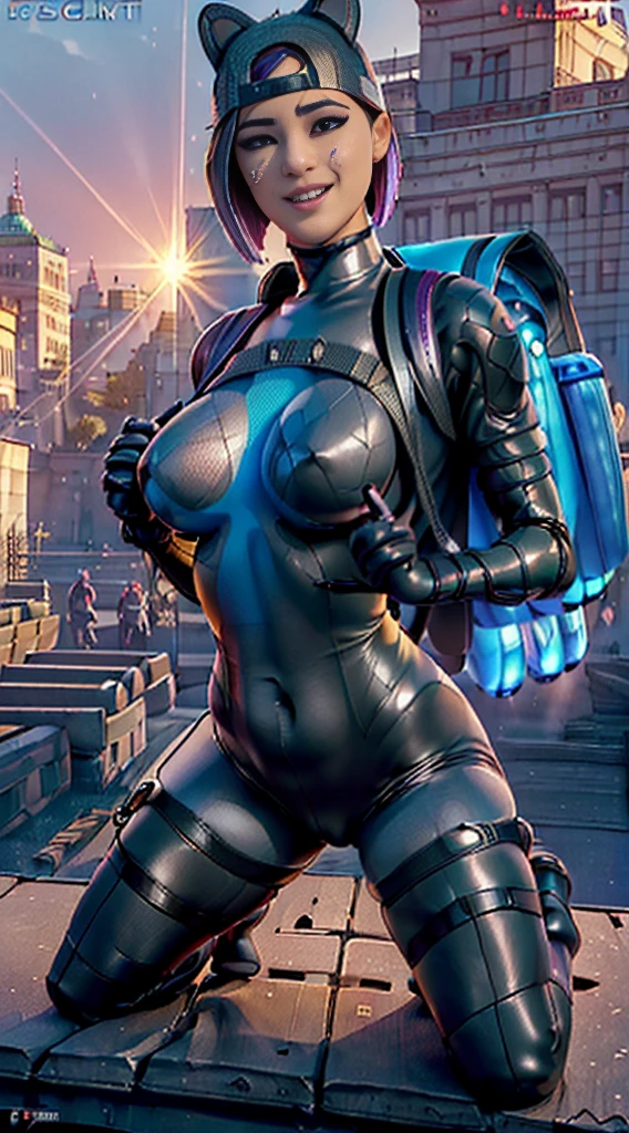 comlynx, ((22year old、Russian、Beautie、Extraordinary Beauty、Delicate face, eyes and body:1.8))、(silber hair、Short Bob:1.7)、((Blue and black rubber bodysuit、Gantz Cosplay、Anime Cosplay、Lots of equipment、Carrying a backpack、Equipped with weapons、Straddling、Erotic:2.5))、(Running around、Frolicking、Arms outstretched、Hair is shaking、Sweating、Breath is rising、Lively:1.6)、((Background with、morning、Bright morning、Strong sunlight、rays of sunshine、embankment、Big riverside、A refreshing morning:1.5)),((D Cup Breasts、toned hips、Constricted hips、big butts:1.5))、((smile, evil smile:1.6)), Surrealism, high detail, Hyperrealism, film grain, tachi-e, parkle, UHD, ccurate, anatomically correct, textured skin, super detail, high details, high quality, best quality,1080P, HD, 8k,