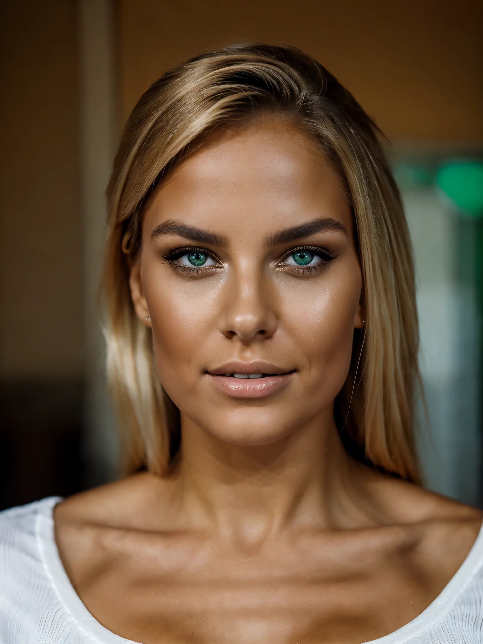 Breathtaking cinematic photo of a 19 year old girl with blond hair, sensual green eyes, happy, provocative sensual smile, beautiful lips, tanned skin, very detail skin, (the most prety woman in the world), (blond hair) (long blond hair, savage hair, elegant makeup), very beautiful nose, perfect body, curvy body (very curvy body), (midle brests), (blond hair) (sensual green eyes ) (tanned skin), latina body, ocidental beauty, ((best quality)), ((ultra hiresolution)), ((fotorrealism: 1.4)), ((Gualtier style clothes))