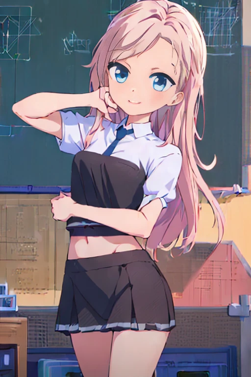 ((masterpiece)), ((best quality)), ((highres)), ((extremely detailed CG unity 8k wallpaper)), solo, tachibana kanade, black skirt, white socks, small smile, classroom