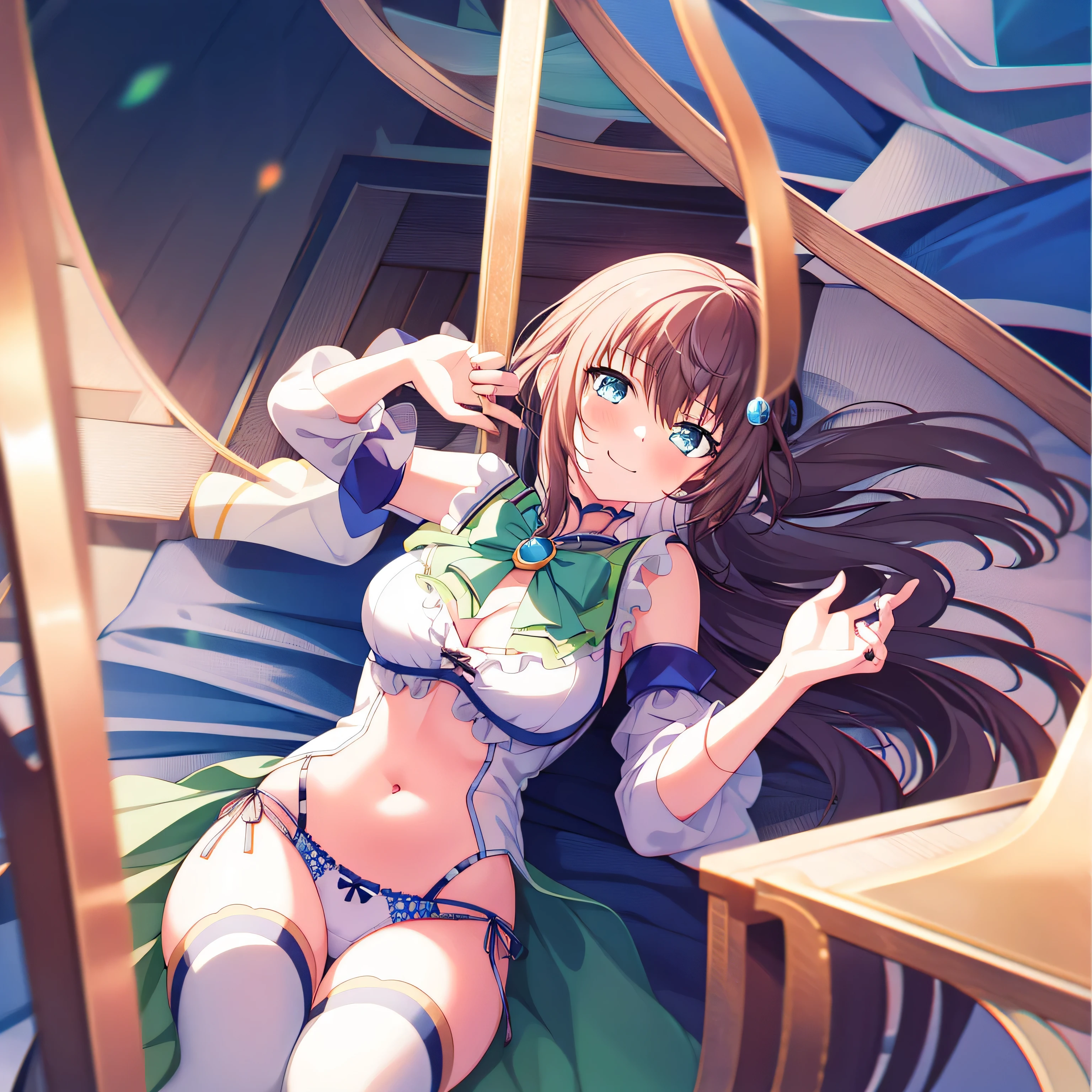 1girl, solo, long_hair, breasts, aqua_(konosuba), thighhighs, smile, underwear, navel, panties, bow, looking_at_viewer, detached_sleeves, blue_eyes, blue_hair, white_thighhighs, white_panties, arm_up, hair_rings, green_bow, cleavage, armpits, blush, no_pants, bare_shoulders, lying, _background, bangs, shirt, white_background, v, blue_shirt, on_back, very_long_hair, head_tilt, bowtie, closed_mouth, brooch, bow_panties, large_breasts, cameltoe, hair_ornament, hair_between_eyes, thighs, covered_nipples, long_sleeves, medium_breasts, stomach, skindentation, green_bowtie, 