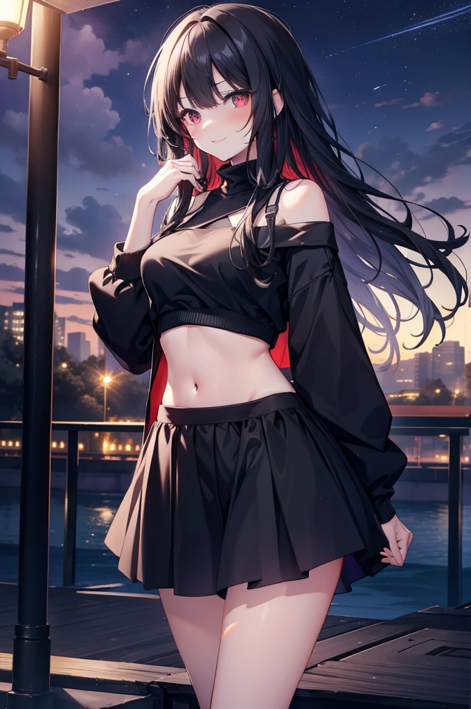 (masterpiece), (best quality), (4k resolution), (anatomy; perfect), 1 girl, fair skin, red eyes, black hair), detailed eyes, perfect face, (locks, bangs), loose hair, (light effects in hair), eyebrow, nose, ear, tight mouth, smiling, sweatshirt OFF SHOULDER TOP, short skirt, tightig chest), (perfect belly), (perfect waist), Beautiful and perfect legs, standing, background scenery, in the park, new year, beautiful night, night lighting, looking at viewer
