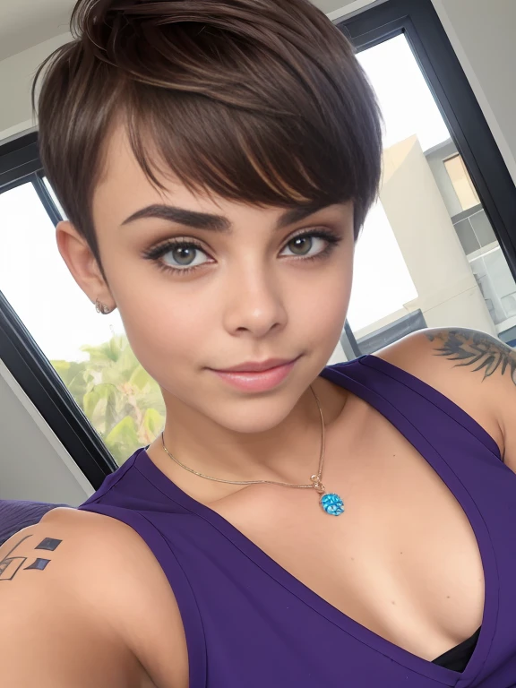 Photo of a 15-year-old European girl, RAW, beautiful woman, pecas en mejillas y nariz ,hermosos ojos azules(Light brown hair pixie haircut),corte de cabello pixie ((retrato)), ((Cara detallada:1.2)), ((Detailed facial features)), (Piel finamente detallada) ,lindo maquillaje, Purple eyeshadows on eyelids (cool color), (Masutepiece) (proporciones perfectaotos realistas)(La mejor calidad), NffSW, (8k) (papel tapiz) (cinematic lighting) (Dramatic lighting) (sharp focus) (Enrevesado) , fondo variado , linda sonrisa, cuerpo completo, hermoso cuerpo , gargantilla negra , aretes en forma de clip, wears a purple t-shirt with a skull image, white belt, Lilac skirt with checkered images, Long boots with heels , foto de cuerpo completo , hermosa sonrisa